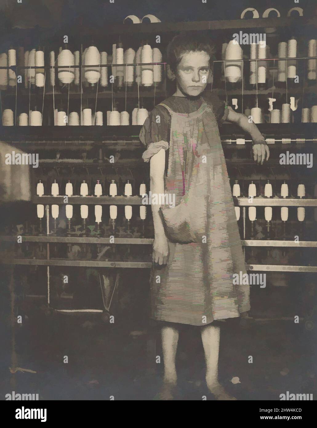 Art inspired by Addie Card, 12 years. Spinner in North Pownal Cotton Mill. Girls in mill say she is ten years. She admitted to me she was twelve; that she started during school vacation and now would 'stay'. Location: Vermont, August 1910, Gelatin silver print, Image: 24.4 x 19.3 cm (9, Classic works modernized by Artotop with a splash of modernity. Shapes, color and value, eye-catching visual impact on art. Emotions through freedom of artworks in a contemporary way. A timeless message pursuing a wildly creative new direction. Artists turning to the digital medium and creating the Artotop NFT Stock Photo
