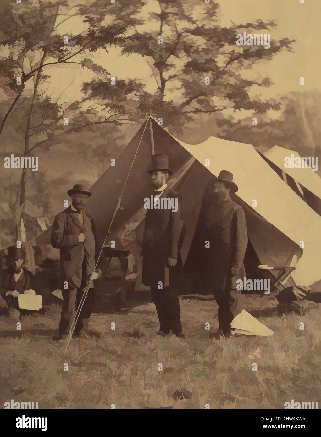 Art inspired by President Abraham Lincoln, Major General John A. McClernand (right), and E. J. Allen (Allan Pinkerton, left), Chief of the Secret Service of the United States, at Secret Service Department, Headquarters Army of the Potomac, near Antietam, Maryland, October 4, 1862, Classic works modernized by Artotop with a splash of modernity. Shapes, color and value, eye-catching visual impact on art. Emotions through freedom of artworks in a contemporary way. A timeless message pursuing a wildly creative new direction. Artists turning to the digital medium and creating the Artotop NFT Stock Photo