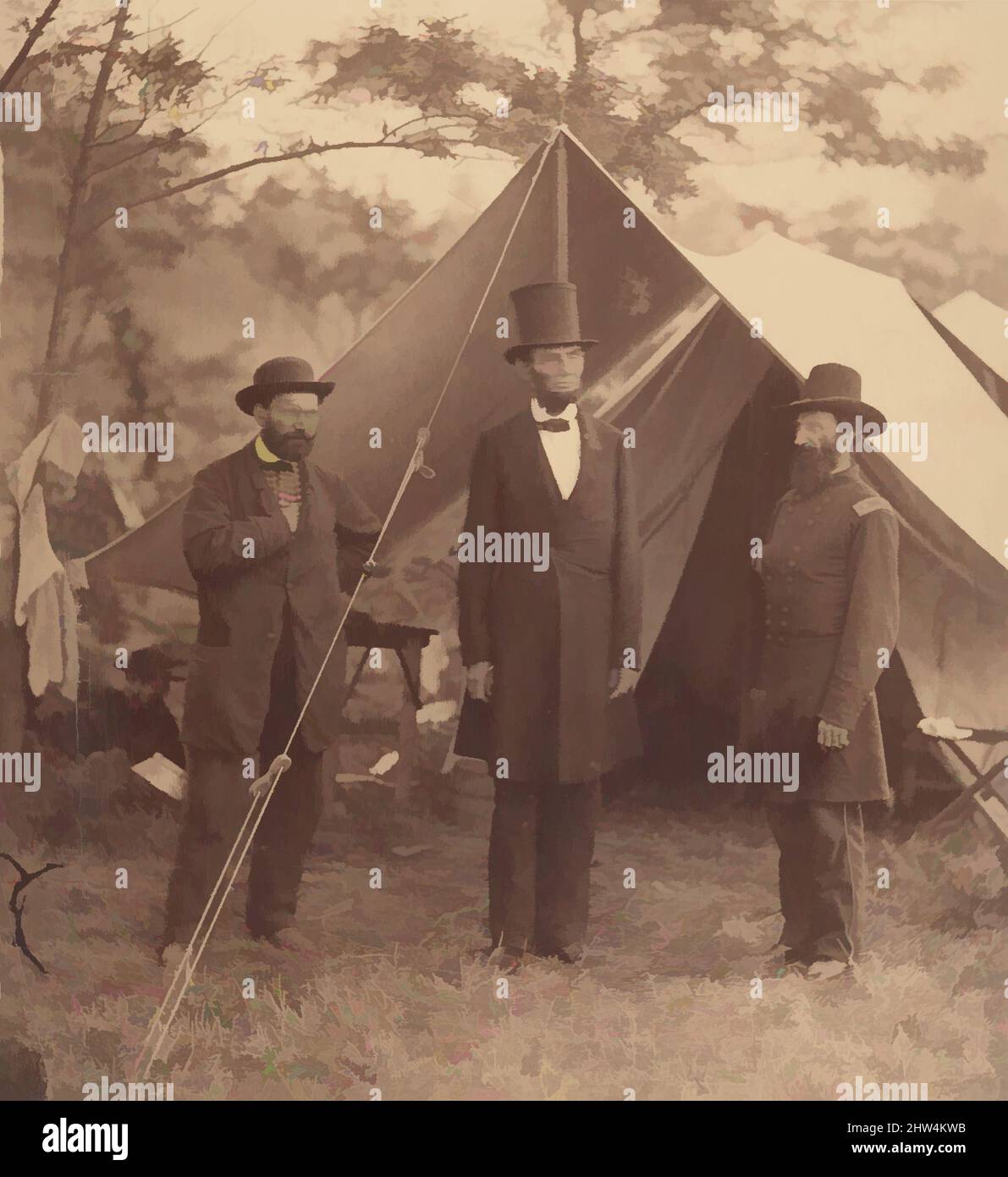 Art inspired by President Abraham Lincoln, Major General John A. McClernand (right), and E. J. Allen (Allan Pinkerton, left), Chief of the Secret Service of the United States, at Secret Service Department, Headquarters Army of the Potomac, near Antietam, Maryland, October 3, 1862, Classic works modernized by Artotop with a splash of modernity. Shapes, color and value, eye-catching visual impact on art. Emotions through freedom of artworks in a contemporary way. A timeless message pursuing a wildly creative new direction. Artists turning to the digital medium and creating the Artotop NFT Stock Photo