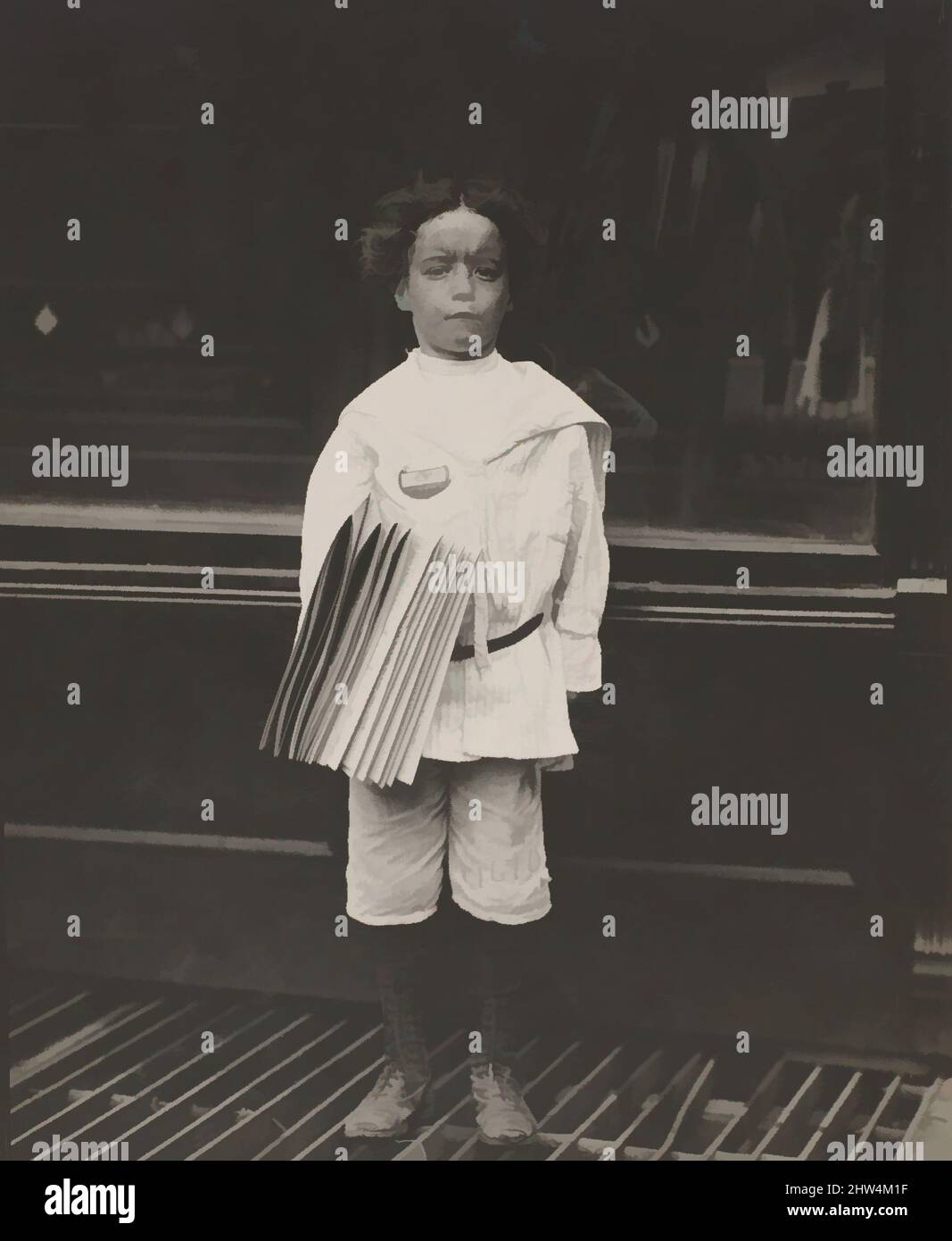 Art inspired by Jo Lehman, a 7 year old newsboy. 824 Third Ave., N.Y. City. He was selling in this Saloon. I asked him about the badge he was wearing. 'Oh! Dat's me bruder's,' he said. Location: New York, New York., July 1910, Gelatin silver print, Image: 11.6 x 9.5 cm (4 9/16 x 3 3/4, Classic works modernized by Artotop with a splash of modernity. Shapes, color and value, eye-catching visual impact on art. Emotions through freedom of artworks in a contemporary way. A timeless message pursuing a wildly creative new direction. Artists turning to the digital medium and creating the Artotop NFT Stock Photo