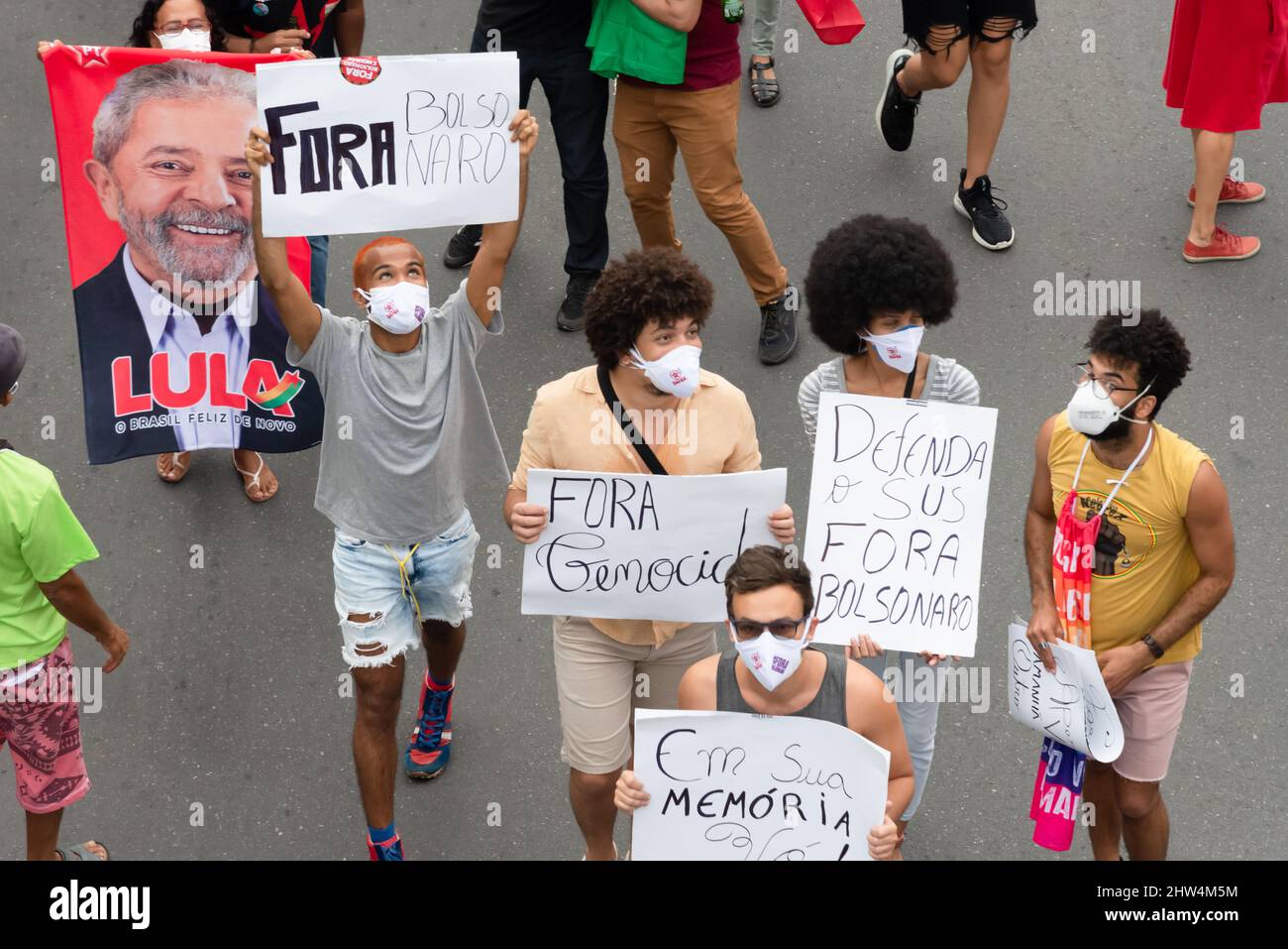 Brazilians protest against the government of President Jair Bolsonaro in the city of Salvador. Stock Photo