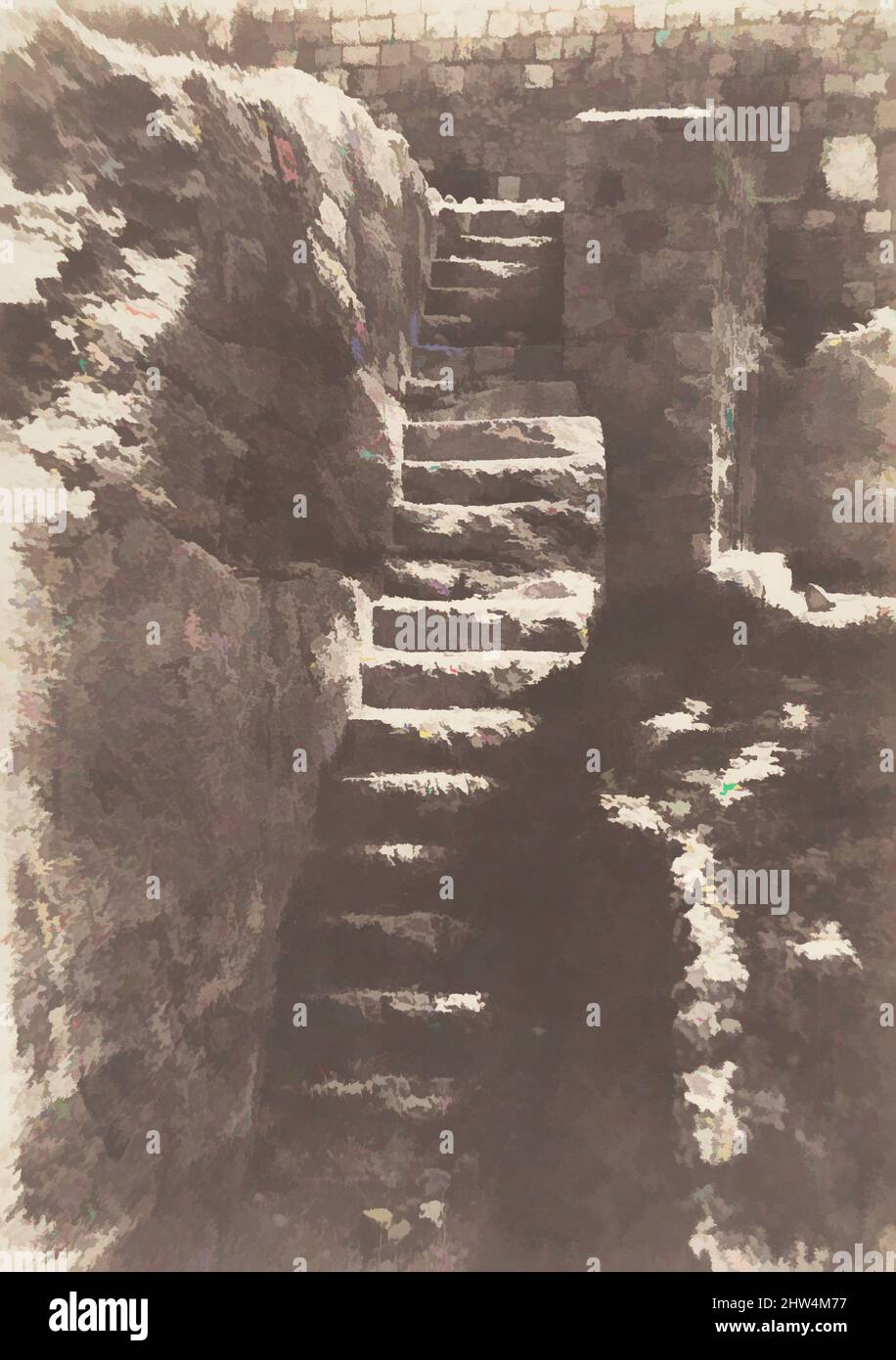 Art inspired by Jérusalem, Escalier antique taillé dans le roc, conduisant à l'ancienne Porte du Fumier, 1854, Salted paper print from paper negative, Image: 33.3 x 23.5 cm (13 1/8 x 9 1/4 in.), Photographs, Auguste Salzmann (French, 1824–1872, Classic works modernized by Artotop with a splash of modernity. Shapes, color and value, eye-catching visual impact on art. Emotions through freedom of artworks in a contemporary way. A timeless message pursuing a wildly creative new direction. Artists turning to the digital medium and creating the Artotop NFT Stock Photo