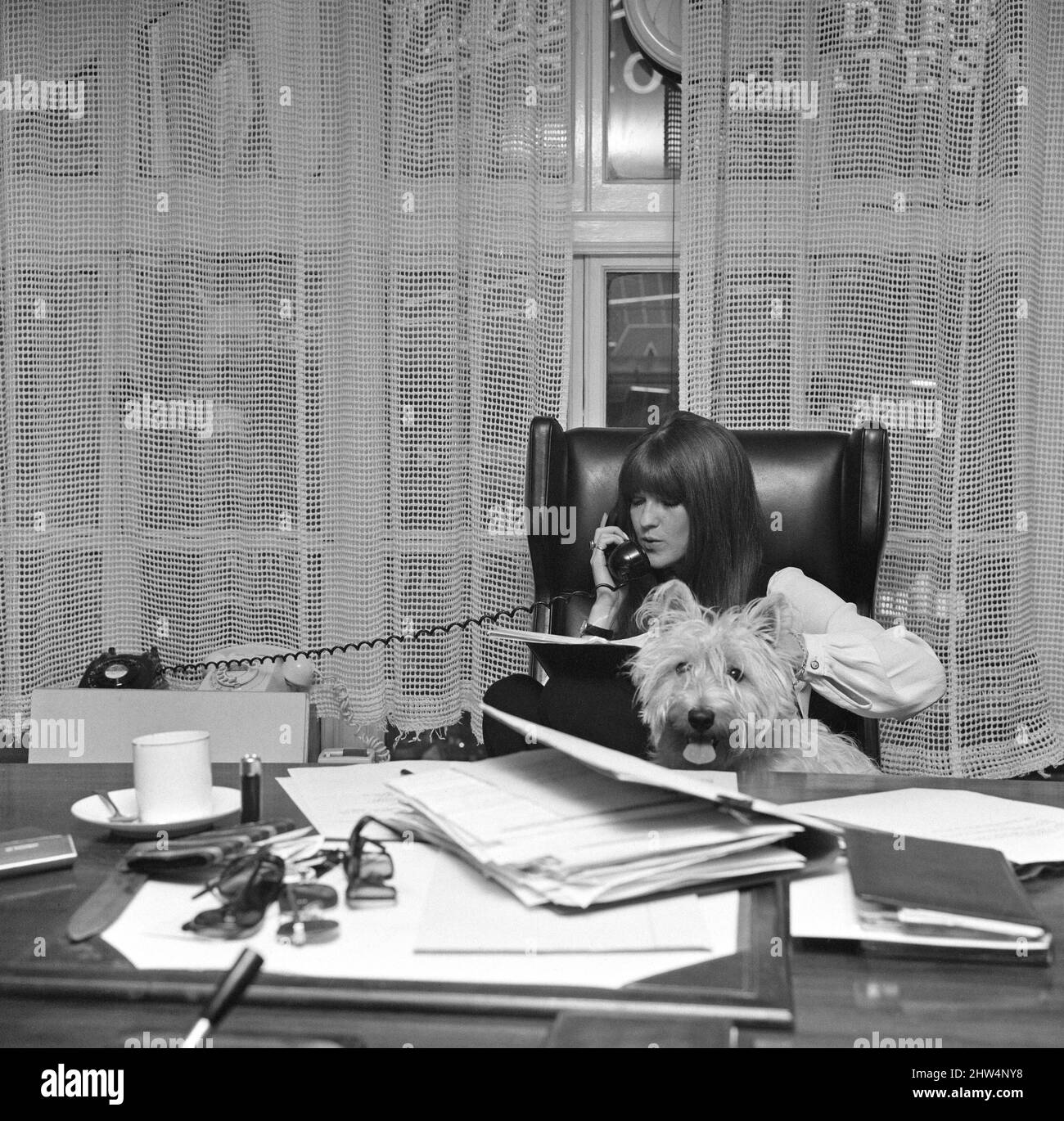 Cathy McGowan, English Television Personality, pictured in her office with her dog, 17th May 1968. Cathy McGowan (born 1943) is a British broadcaster and journalist, best known as presenter of the rock music television show, Ready Steady Go!. Stock Photo