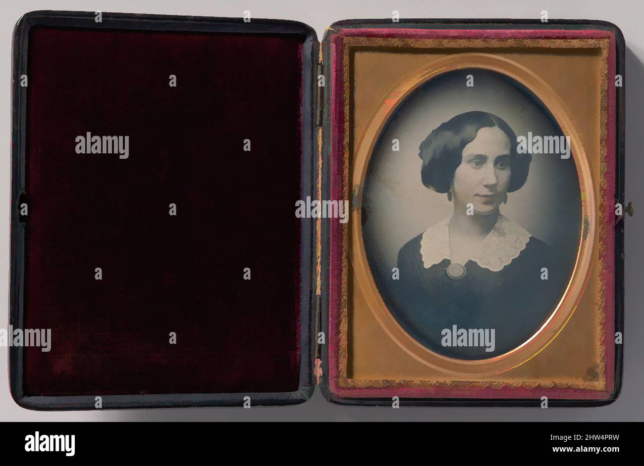 Art inspired by Young Woman Wearing Lace Collar and Brooch, 1850s, Daguerreotype, Image: 8.9 x 6.6 cm (3 1/2 x 2 5/8 in.), Photographs, Attributed to Albert Sands Southworth (American, West Fairlee, Vermont 1811–1894 Charlestown, Massachusetts), Attributed to Josiah Johnson Hawes (, Classic works modernized by Artotop with a splash of modernity. Shapes, color and value, eye-catching visual impact on art. Emotions through freedom of artworks in a contemporary way. A timeless message pursuing a wildly creative new direction. Artists turning to the digital medium and creating the Artotop NFT Stock Photo