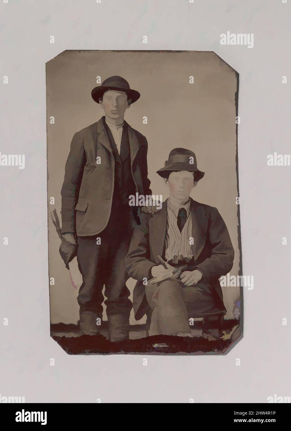 Art inspired by Two Young Men, One Seated and One Standing, Holding Carpentry Tools, 1870s–90s, Tintype, Image: 8.2 x 5.1 cm (3 1/4 x 2 in.), Photographs, Unknown (American, Classic works modernized by Artotop with a splash of modernity. Shapes, color and value, eye-catching visual impact on art. Emotions through freedom of artworks in a contemporary way. A timeless message pursuing a wildly creative new direction. Artists turning to the digital medium and creating the Artotop NFT Stock Photo