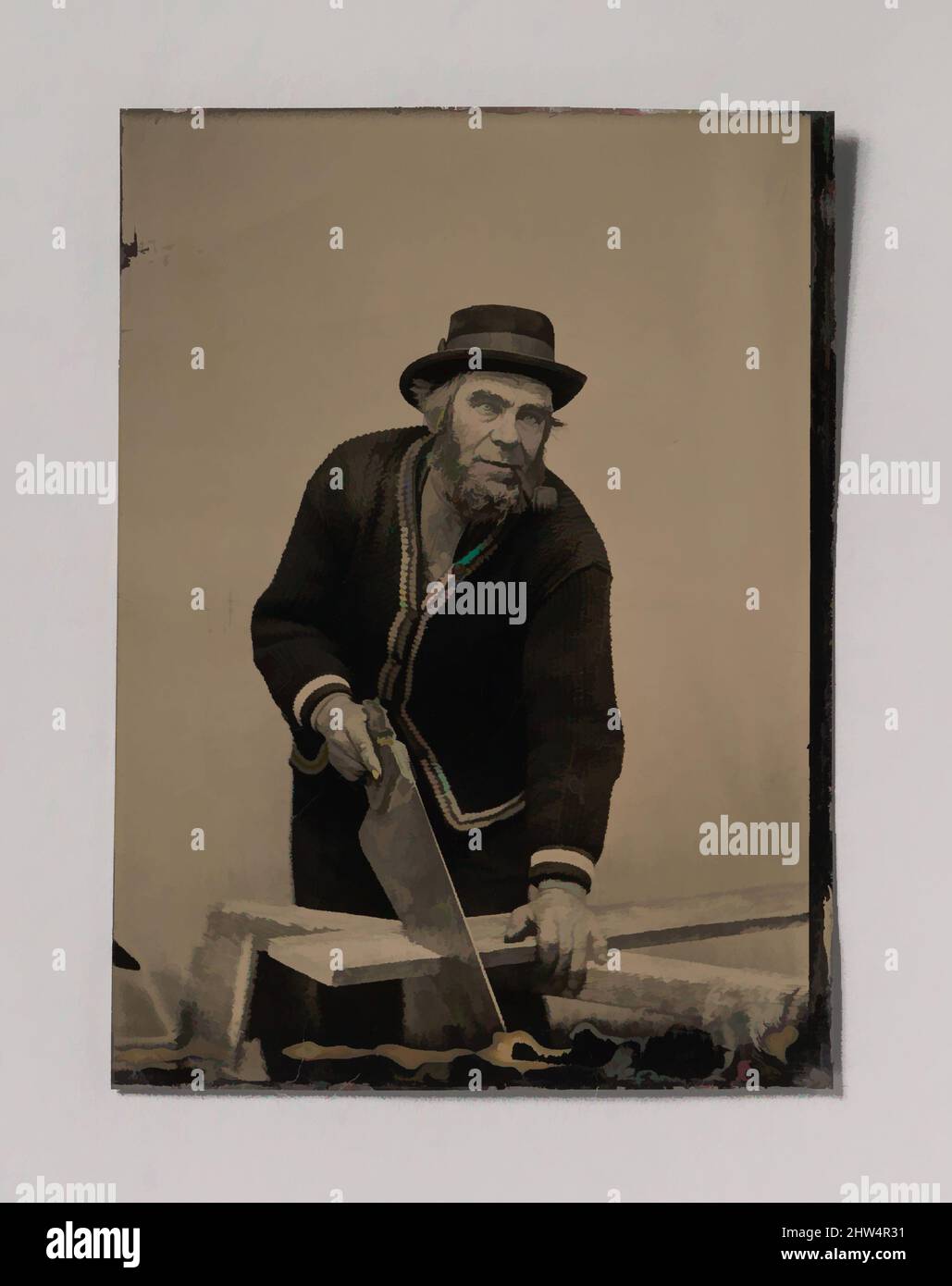 Art inspired by Carpenter Sawing a Plank of Wood, 1880s–90s, Tintype, Image: 8.6 x 6.1 cm (3 3/8 x 2 3/8 in.), Photographs, Unknown (American, Classic works modernized by Artotop with a splash of modernity. Shapes, color and value, eye-catching visual impact on art. Emotions through freedom of artworks in a contemporary way. A timeless message pursuing a wildly creative new direction. Artists turning to the digital medium and creating the Artotop NFT Stock Photo