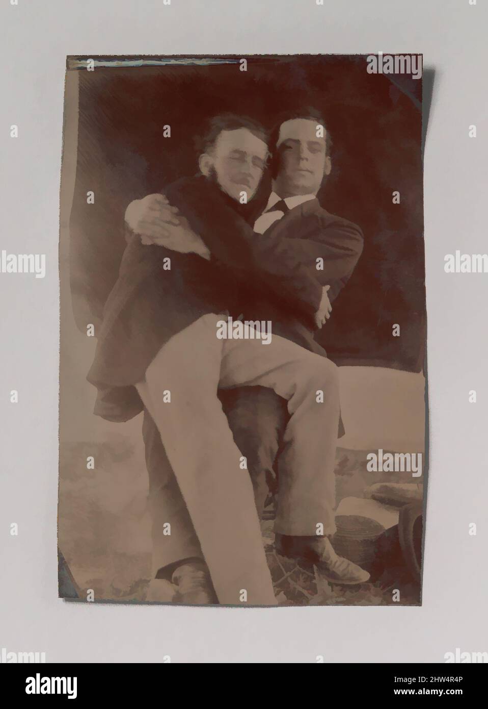 Art inspired by Two Men Embracing, One Seated in the Other's Lap, 1880s–90s, Tintype, Image: 9.9 x 6.5 cm (3 7/8 x 2 9/16 in.), irregular, Photographs, Unknown (American, Classic works modernized by Artotop with a splash of modernity. Shapes, color and value, eye-catching visual impact on art. Emotions through freedom of artworks in a contemporary way. A timeless message pursuing a wildly creative new direction. Artists turning to the digital medium and creating the Artotop NFT Stock Photo