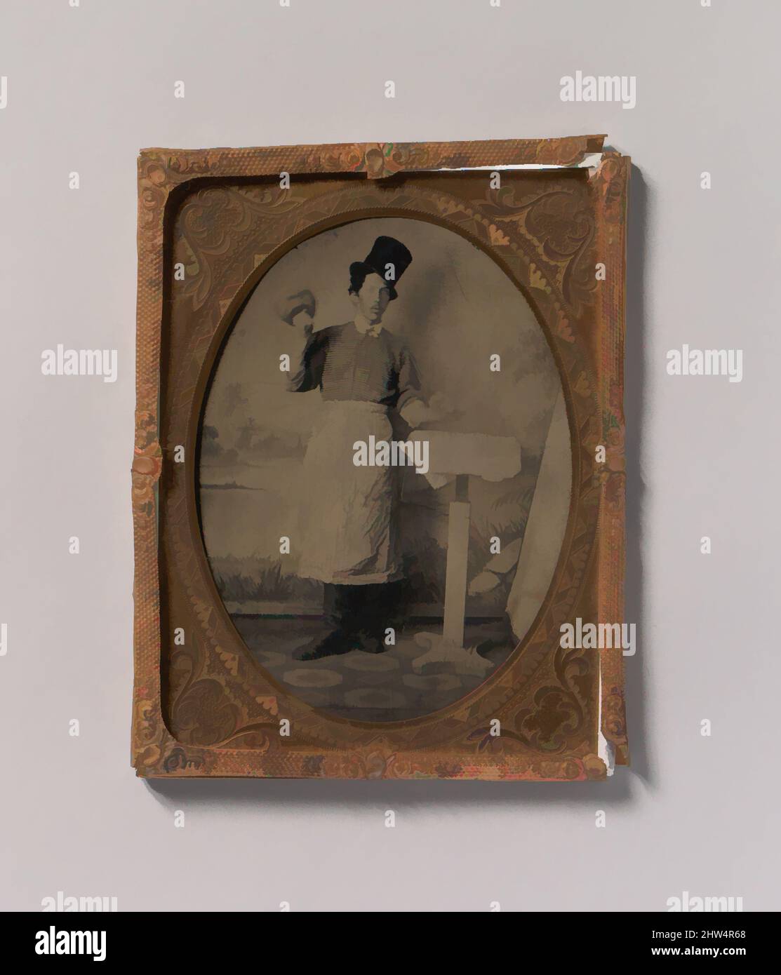 Art inspired by Stone Mason in Top Hat and Apron with Mallet and Chisel, 1870s–80s, Tintype, Image: 8.7 x 6.5 cm (3 7/16 x 2 9/16 in.), Photographs, Unknown, Classic works modernized by Artotop with a splash of modernity. Shapes, color and value, eye-catching visual impact on art. Emotions through freedom of artworks in a contemporary way. A timeless message pursuing a wildly creative new direction. Artists turning to the digital medium and creating the Artotop NFT Stock Photo