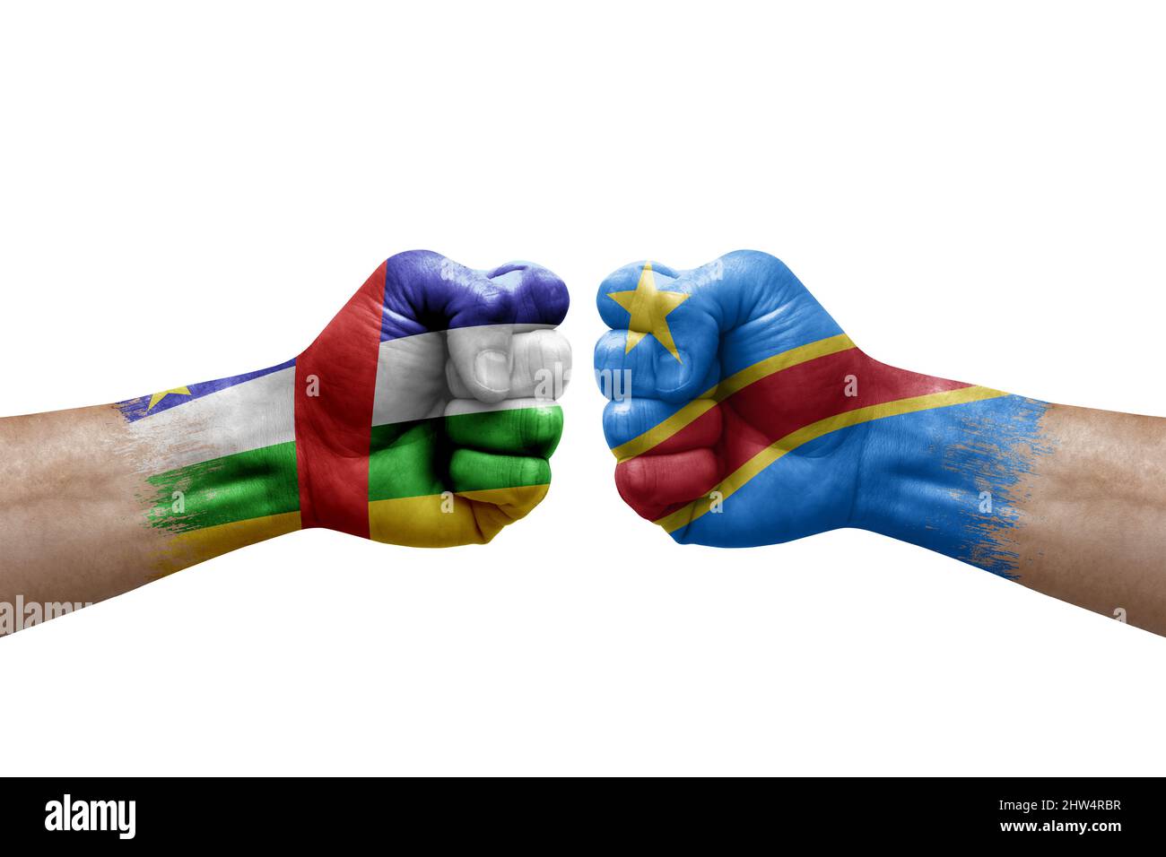 Two hands punch to each others on white background. Country flags painted fists, conflict crisis concept between central african republic and dr congo Stock Photo