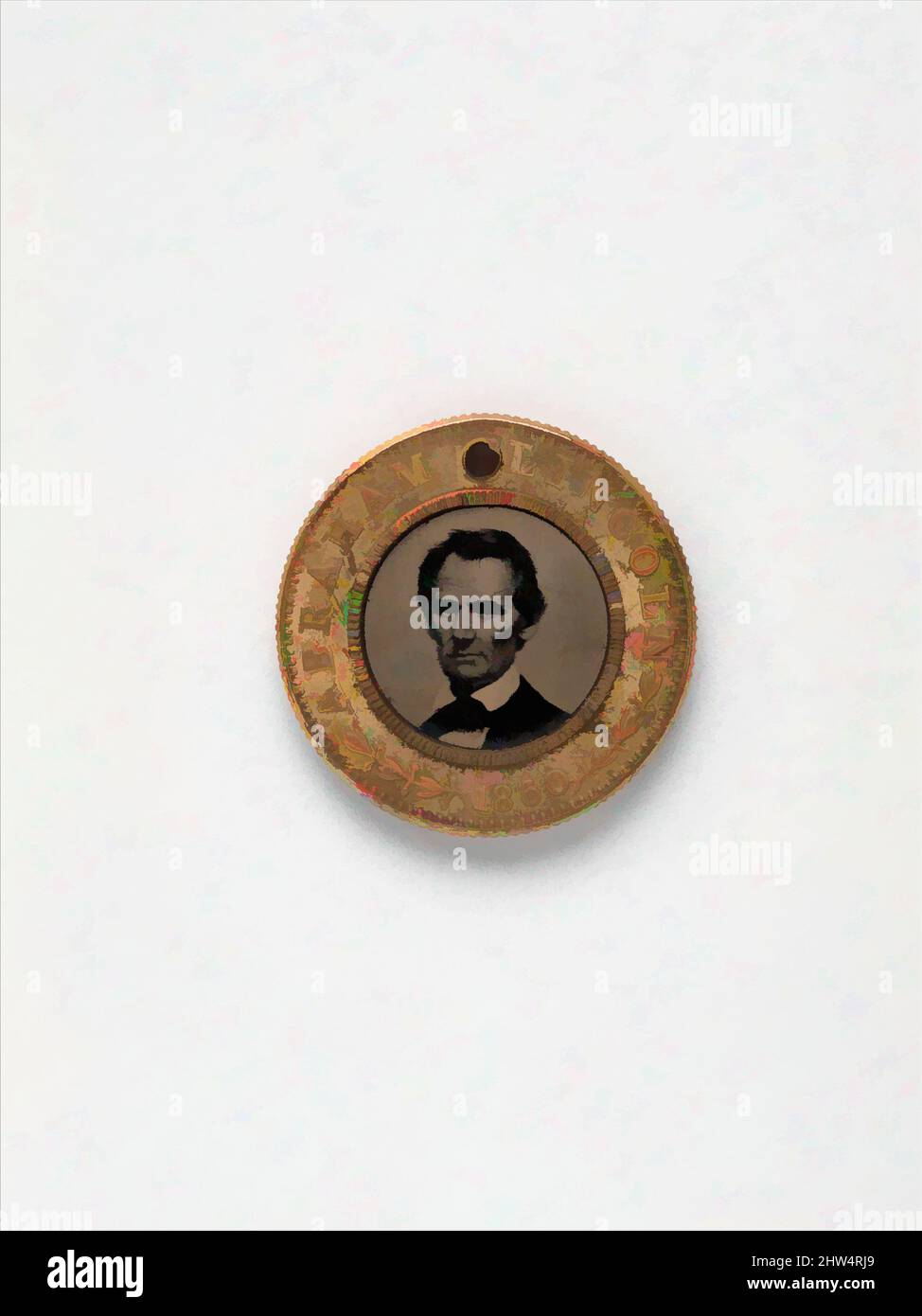 Art inspired by Presidential Campaign Medal with portraits of Abraham Lincoln and Hannibal Hamlin, 1860, Tintype, Image: 1.4 cm (9/16 in.), diameter, Photographs, After Mathew B. Brady (American, born Ireland, 1823?–1896 New York), The Lincoln tintype in this campaign medal is a, Classic works modernized by Artotop with a splash of modernity. Shapes, color and value, eye-catching visual impact on art. Emotions through freedom of artworks in a contemporary way. A timeless message pursuing a wildly creative new direction. Artists turning to the digital medium and creating the Artotop NFT Stock Photo