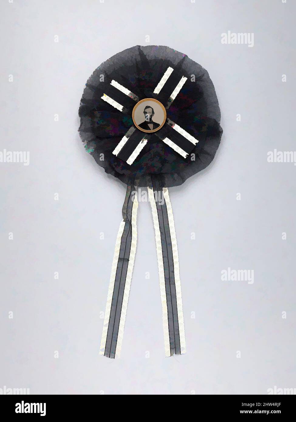 Art inspired by Mourning Corsage with Portrait of Abraham Lincoln, April 1865, Black and white silk with tintype set inside brass button, 20 x 9 cm (7 7/8 x 3 9/16 in.), Assemblages, Unknown (American), About the time of Abraham Lincoln’s long funeral tour, April 21 to May 3, 1865, Classic works modernized by Artotop with a splash of modernity. Shapes, color and value, eye-catching visual impact on art. Emotions through freedom of artworks in a contemporary way. A timeless message pursuing a wildly creative new direction. Artists turning to the digital medium and creating the Artotop NFT Stock Photo
