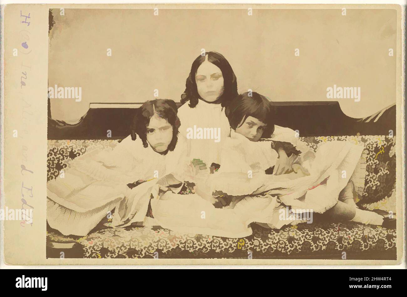 Art inspired by Edith, Ina and Alice Liddell on a Sofa, Summer 1858, Albumen silver print from glass negative, Mount: 4 3/16 in. × 6 7/16 in. (10.7 × 16.3 cm), Photographs, Lewis Carroll (British, Daresbury, Cheshire 1832–1898 Guildford, Classic works modernized by Artotop with a splash of modernity. Shapes, color and value, eye-catching visual impact on art. Emotions through freedom of artworks in a contemporary way. A timeless message pursuing a wildly creative new direction. Artists turning to the digital medium and creating the Artotop NFT Stock Photo