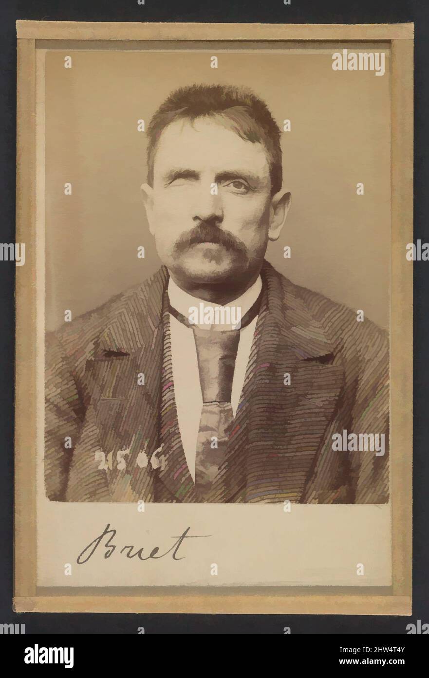 Art inspired by Briet. Albert, Louis. 44 ans, né à Lyon (Rhône). Boulanger. Anarchiste. 4/3/94., 1894, Albumen silver print from glass negative, 10.5 x 7 x 0.5 cm (4 1/8 x 2 3/4 x 3/16 in.) each, Photographs, Alphonse Bertillon (French, 1853–1914), Born into a distinguished family of, Classic works modernized by Artotop with a splash of modernity. Shapes, color and value, eye-catching visual impact on art. Emotions through freedom of artworks in a contemporary way. A timeless message pursuing a wildly creative new direction. Artists turning to the digital medium and creating the Artotop NFT Stock Photo
