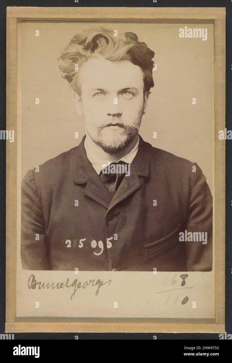 Art inspired by Brunet. Georges. 25 ans, né à Paris. Menuisier. Anarchiste. 4/2/94., 1894, Albumen silver print from glass negative, 10.5 x 7 x 0.5 cm (4 1/8 x 2 3/4 x 3/16 in.) each, Photographs, Alphonse Bertillon (French, 1853–1914), Born into a distinguished family of scientists, Classic works modernized by Artotop with a splash of modernity. Shapes, color and value, eye-catching visual impact on art. Emotions through freedom of artworks in a contemporary way. A timeless message pursuing a wildly creative new direction. Artists turning to the digital medium and creating the Artotop NFT Stock Photo