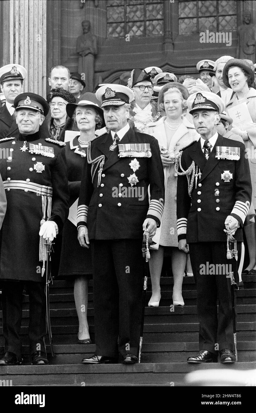 Service held at Liverpool Cathedral to commemorate the 25th anniversary of the Battle of the Atlantic.Admiral of the Fleet, Earl Mountbatten, takes the salute on the steps of the Anglican Cathedral. The HQ of the Battle of the Atlantic was in Liverpool during the Second World War. 5th May 1968. Stock Photo