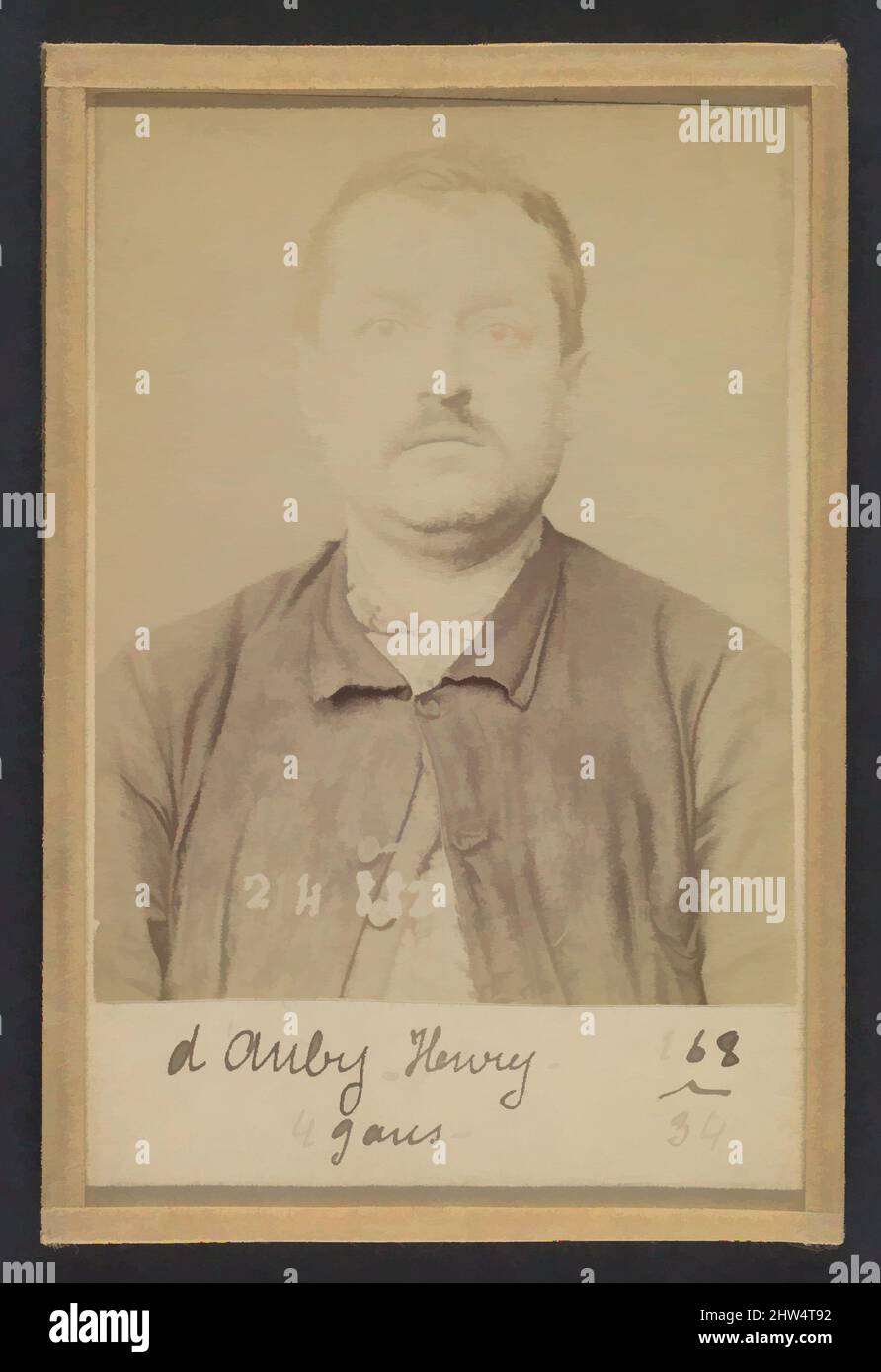 Art inspired by D'Auby. Henri. 48 (ou 49) ans, né à Montmédy (Meuse). Menuisier. Anarchiste. 28/2/94., 1894, Albumen silver print from glass negative, 10.5 x 7 x 0.5 cm (4 1/8 x 2 3/4 x 3/16 in.) each, Photographs, Alphonse Bertillon (French, 1853–1914), Born into a distinguished, Classic works modernized by Artotop with a splash of modernity. Shapes, color and value, eye-catching visual impact on art. Emotions through freedom of artworks in a contemporary way. A timeless message pursuing a wildly creative new direction. Artists turning to the digital medium and creating the Artotop NFT Stock Photo