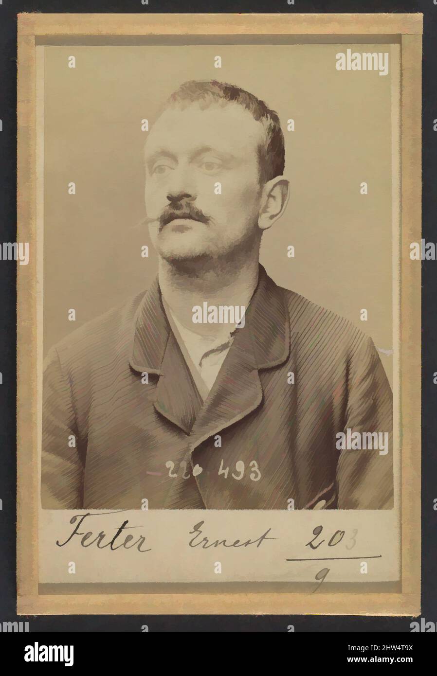 Art inspired by Ferter. Ernest, Charles. 31 ans, né le 23/10/62 à Melun (Seine & Marne). Fumiste. Anarchiste. 2/7/94., 1894, Albumen silver print from glass negative, 10.5 x 7 x 0.5 cm (4 1/8 x 2 3/4 x 3/16 in.) each, Photographs, Alphonse Bertillon (French, 1853–1914), Born into a, Classic works modernized by Artotop with a splash of modernity. Shapes, color and value, eye-catching visual impact on art. Emotions through freedom of artworks in a contemporary way. A timeless message pursuing a wildly creative new direction. Artists turning to the digital medium and creating the Artotop NFT Stock Photo