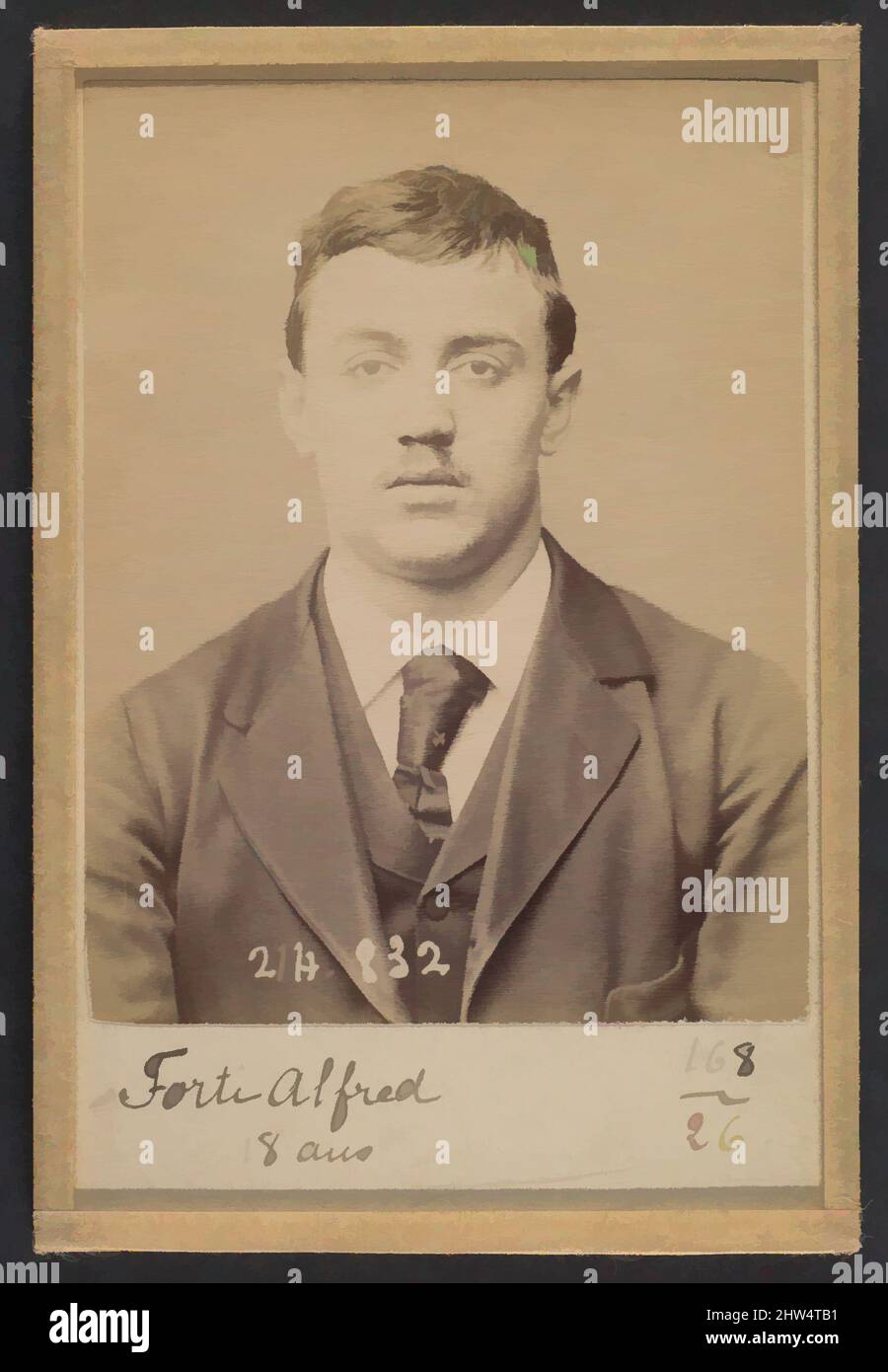 Art inspired by Forti. Alfred. 18 ans, né à Milan (Italie). Restaurateur. Anarchiste. 27/2/94., 1894, Albumen silver print from glass negative, 10.5 x 7 x 0.5 cm (4 1/8 x 2 3/4 x 3/16 in.) each, Photographs, Alphonse Bertillon (French, 1853–1914), Born into a distinguished family of, Classic works modernized by Artotop with a splash of modernity. Shapes, color and value, eye-catching visual impact on art. Emotions through freedom of artworks in a contemporary way. A timeless message pursuing a wildly creative new direction. Artists turning to the digital medium and creating the Artotop NFT Stock Photo