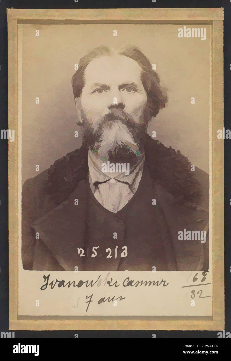 Art inspired by Iv(w)anowski. Casimir. 57 ans, né à Chalon-sur-Saône (Saône & Loire). Mécanicien. Anarchiste. 6/3/94., 1894, Albumen silver print from glass negative, 10.5 x 7 x 0.5 cm (4 1/8 x 2 3/4 x 3/16 in.) each, Photographs, Alphonse Bertillon (French, 1853–1914), Born into a, Classic works modernized by Artotop with a splash of modernity. Shapes, color and value, eye-catching visual impact on art. Emotions through freedom of artworks in a contemporary way. A timeless message pursuing a wildly creative new direction. Artists turning to the digital medium and creating the Artotop NFT Stock Photo