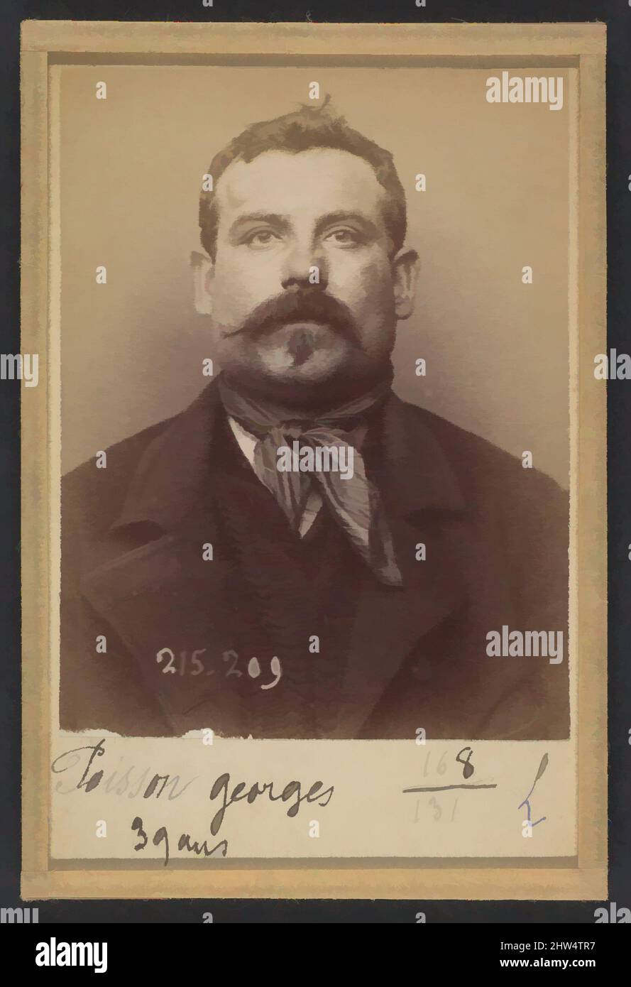 Art inspired by Poisson. Georges. 38 ans, né à Boulogne (Seine). Chaudronnier. Anarchiste. 6/3/94, 1894, Albumen silver print from glass negative, 10.5 x 7 x 0.5 cm (4 1/8 x 2 3/4 x 3/16 in.) each, Photographs, Alphonse Bertillon (French, 1853–1914), Born into a distinguished family of, Classic works modernized by Artotop with a splash of modernity. Shapes, color and value, eye-catching visual impact on art. Emotions through freedom of artworks in a contemporary way. A timeless message pursuing a wildly creative new direction. Artists turning to the digital medium and creating the Artotop NFT Stock Photo