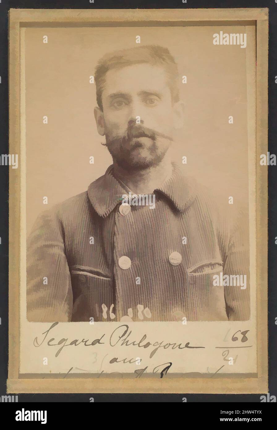 Art inspired by Segard. Philogone. 44 ans (35 ans inscrit sur la photo), né à Salond (Somme). Journaliste. Anarchiste., 1891–95, Albumen silver print from glass negative, 10.5 x 7 x 0.5 cm (4 1/8 x 2 3/4 x 3/16 in.) each, Photographs, Alphonse Bertillon (French, 1853–1914), Born into a, Classic works modernized by Artotop with a splash of modernity. Shapes, color and value, eye-catching visual impact on art. Emotions through freedom of artworks in a contemporary way. A timeless message pursuing a wildly creative new direction. Artists turning to the digital medium and creating the Artotop NFT Stock Photo