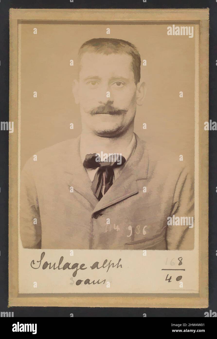 Art inspired by Soulage. Alphonse, Charles. 30 ans, né à Lyon. Menuisier. Anarchiste. 1/3/94., 1894, Albumen silver print from glass negative, 10.5 x 7 x 0.5 cm (4 1/8 x 2 3/4 x 3/16 in.) each, Photographs, Alphonse Bertillon (French, 1853–1914), Born into a distinguished family of, Classic works modernized by Artotop with a splash of modernity. Shapes, color and value, eye-catching visual impact on art. Emotions through freedom of artworks in a contemporary way. A timeless message pursuing a wildly creative new direction. Artists turning to the digital medium and creating the Artotop NFT Stock Photo