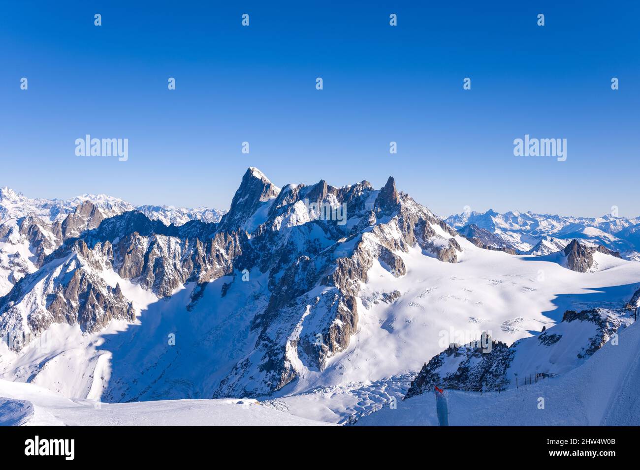 This landscape photo was taken in Europe, in France, Rhone Alpes, in Savoie, in the Alps, in winter. You can see the Grandes Jorasses, the Dent and th Stock Photo