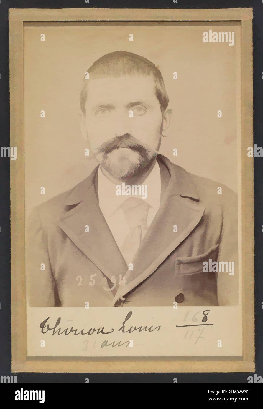 Art inspired by Thirion. Louis, Joseph. 31 ans, né à Autrey (Vosges). Journaliste. Anarchiste. 4/3/94., 1894, Albumen silver print from glass negative, 10.5 x 7 x 0.5 cm (4 1/8 x 2 3/4 x 3/16 in.) each, Photographs, Alphonse Bertillon (French, 1853–1914), Born into a distinguished, Classic works modernized by Artotop with a splash of modernity. Shapes, color and value, eye-catching visual impact on art. Emotions through freedom of artworks in a contemporary way. A timeless message pursuing a wildly creative new direction. Artists turning to the digital medium and creating the Artotop NFT Stock Photo