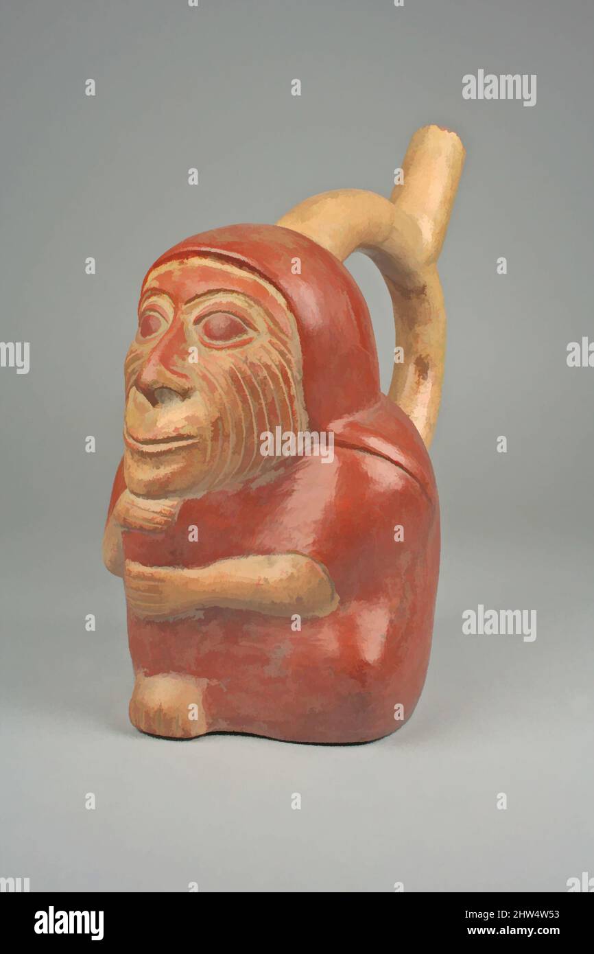 Art inspired by Stirrup Spout Bottle with Wrinkled Face, 3rd–5th century, Peru, Moche, Ceramic, slip, Overall: 8 5/8 x 4 5/8 in. (21.91 x 11.76 cm), Ceramics-Containers, Classic works modernized by Artotop with a splash of modernity. Shapes, color and value, eye-catching visual impact on art. Emotions through freedom of artworks in a contemporary way. A timeless message pursuing a wildly creative new direction. Artists turning to the digital medium and creating the Artotop NFT Stock Photo