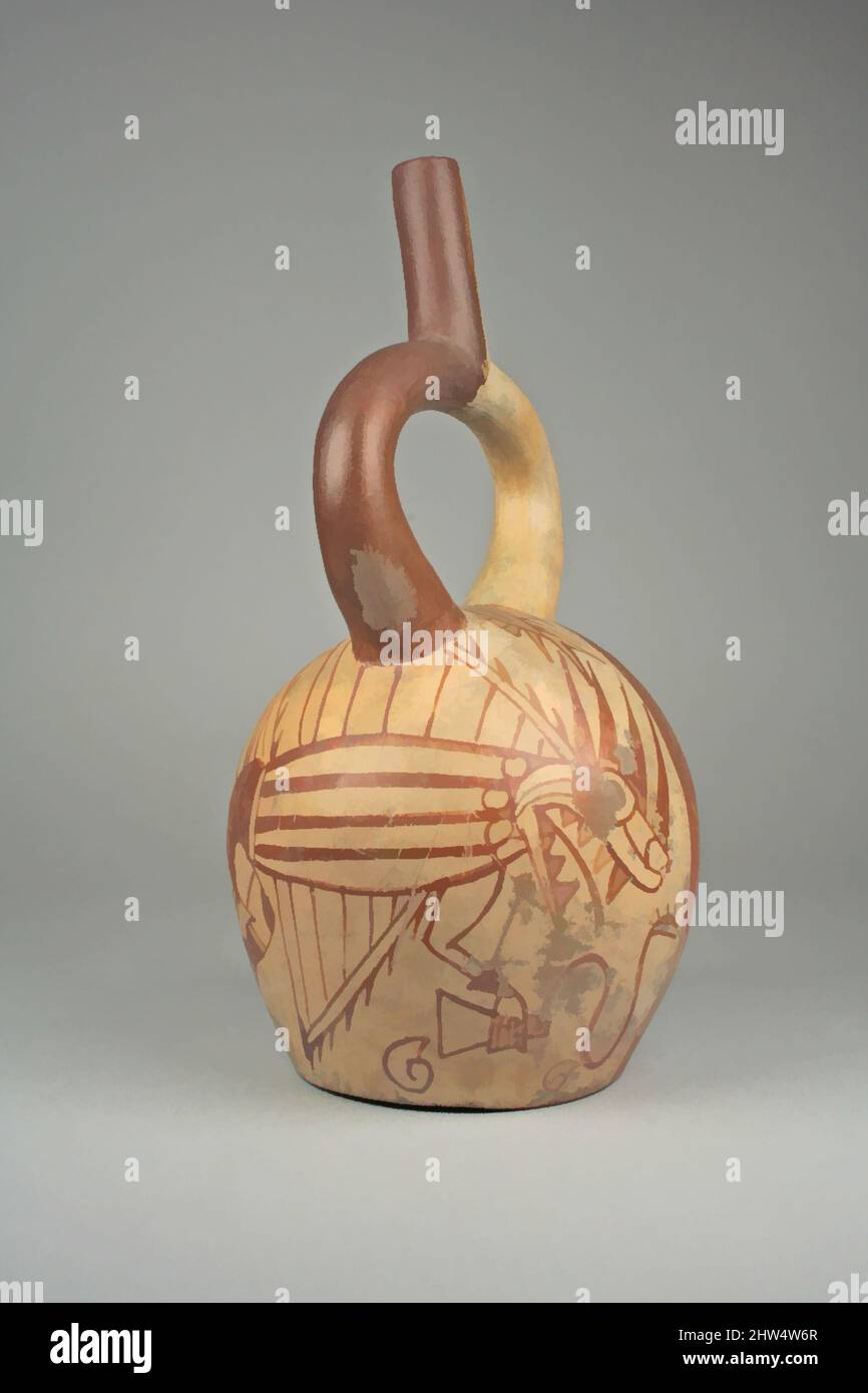 Art inspired by Stirrup spout bottle with fish demon and tumi, 5th–7th century, Peru, Moche, Ceramic, pigment, Overall: 11 in. (27.94 cm), Ceramics-Containers, Classic works modernized by Artotop with a splash of modernity. Shapes, color and value, eye-catching visual impact on art. Emotions through freedom of artworks in a contemporary way. A timeless message pursuing a wildly creative new direction. Artists turning to the digital medium and creating the Artotop NFT Stock Photo