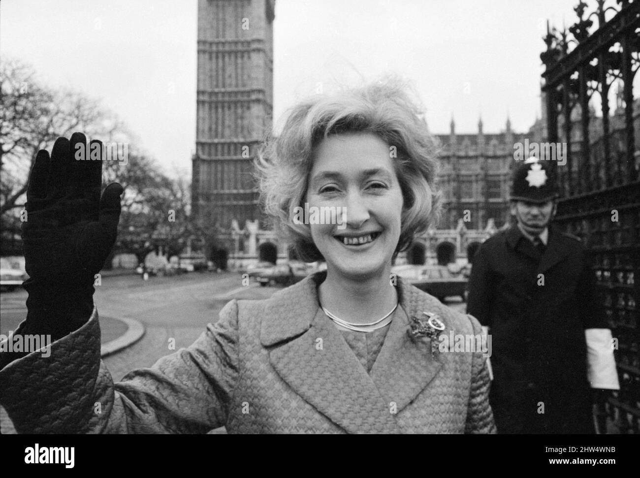 Scottish Nationalist MP Winnie Ewing waves as she stands outside the ...