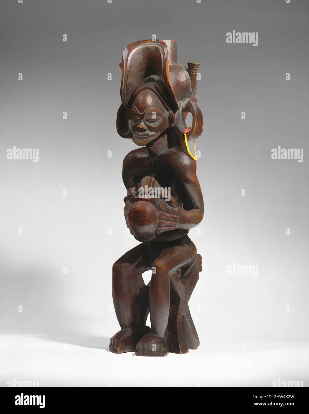 Art inspired by Seated Chief Playing Thumb Piano (Mwanangana), before 1869, Angola, Chokwe peoples, Wood (Uapaca), cloth, fiber, beads, H. 16 3/4 x W. 4 3/4 x D. 5 1/4 in. (42.5 x 12.1 x 13.3 cm), Wood-Sculpture, By the early nineteenth century, Chokwe chiefs in the savanna of present-, Classic works modernized by Artotop with a splash of modernity. Shapes, color and value, eye-catching visual impact on art. Emotions through freedom of artworks in a contemporary way. A timeless message pursuing a wildly creative new direction. Artists turning to the digital medium and creating the Artotop NFT Stock Photo