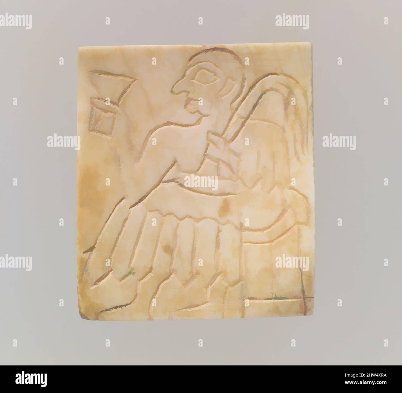 Sumerian Shell Inlay Art inspired by Inlay: seated male with cup and palm frond, Early ...