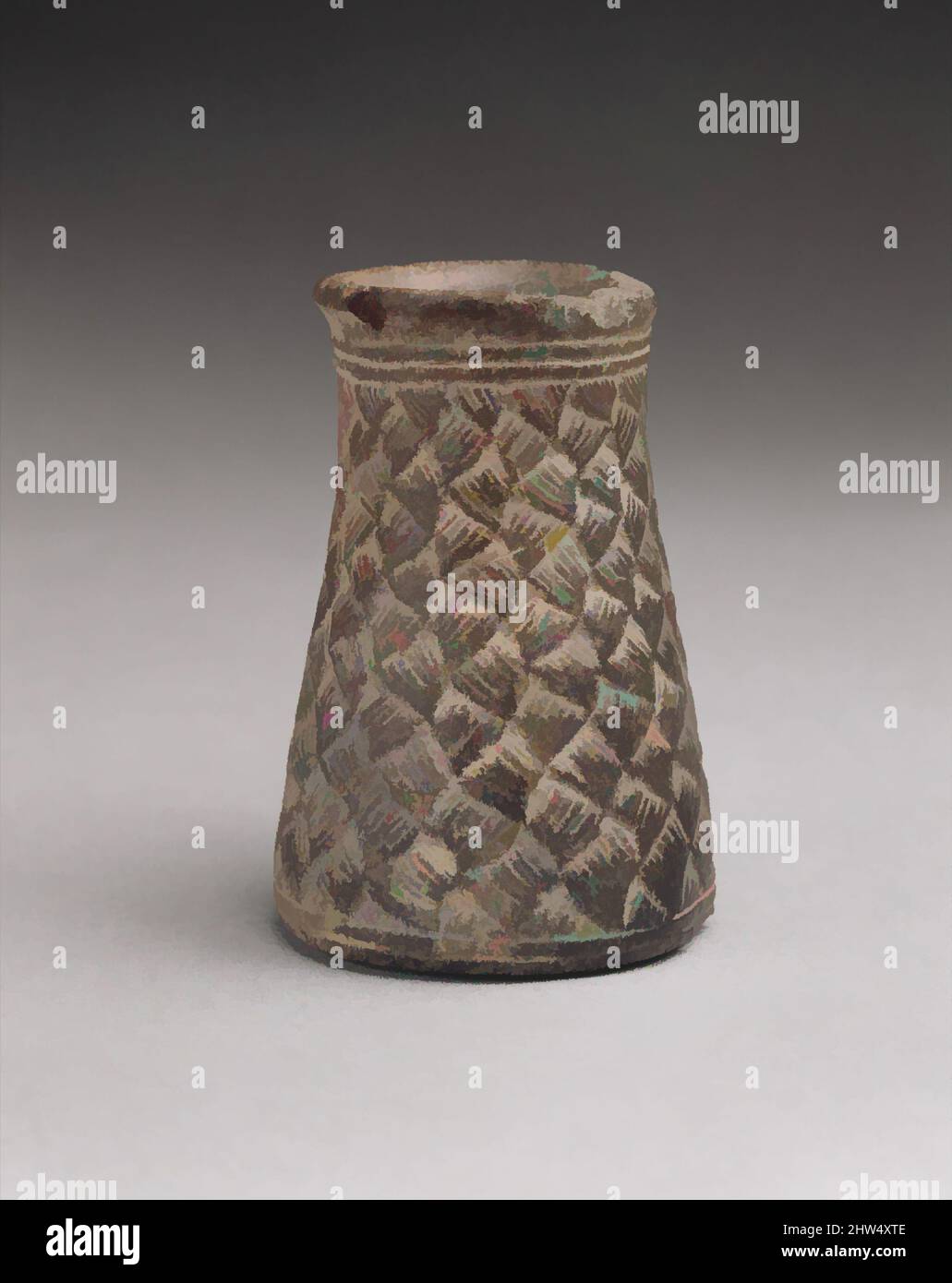 Art inspired by Vase with basket-weave pattern, Early Bronze Age, ca. mid- to late 3rd millennium B.C., Persian Gulf region or southern Iran, Chlorite, 2.95 in. (7.49 cm), Stone-Vessels, Classic works modernized by Artotop with a splash of modernity. Shapes, color and value, eye-catching visual impact on art. Emotions through freedom of artworks in a contemporary way. A timeless message pursuing a wildly creative new direction. Artists turning to the digital medium and creating the Artotop NFT Stock Photo