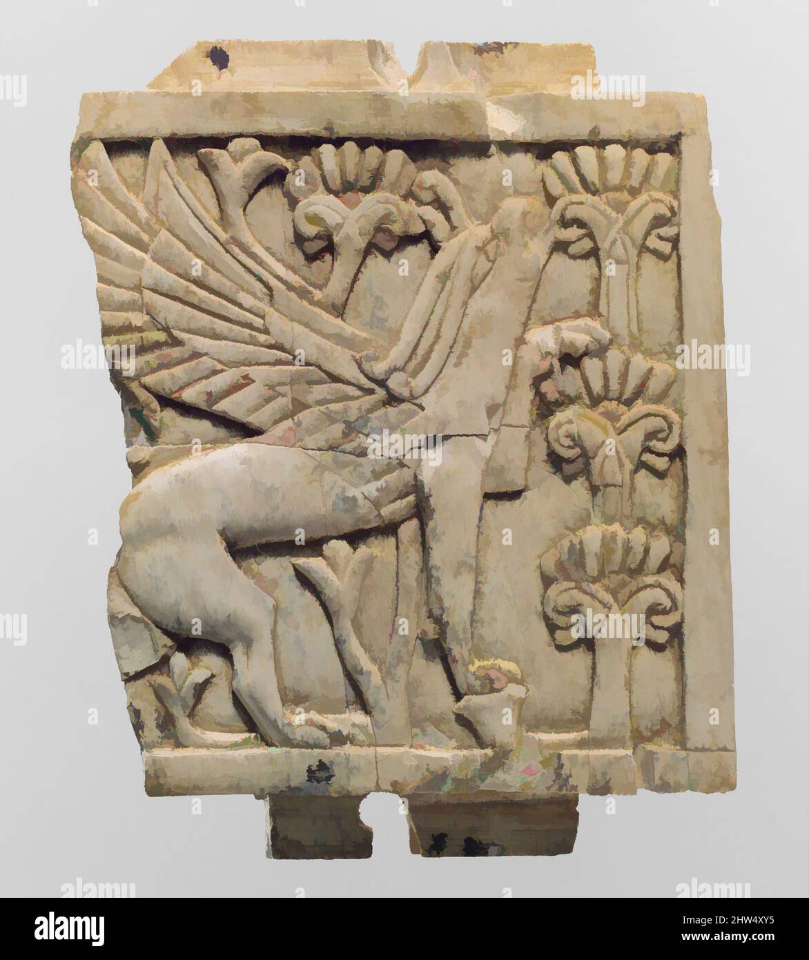 Art inspired by Furniture plaque carved in relief with a griffin in a floral landscape, Neo-Assyrian, ca. 9th–8th century B.C., Mesopotamia, Nimrud (ancient Kalhu), Assyrian, Ivory, H. 3 1/16 x W. 2 3/8 x Th. 3/8 in. (7.8 x 6.1 x 1 cm), Ivory/Bone-Reliefs-Inscribed, A griffin, a hybrid, Classic works modernized by Artotop with a splash of modernity. Shapes, color and value, eye-catching visual impact on art. Emotions through freedom of artworks in a contemporary way. A timeless message pursuing a wildly creative new direction. Artists turning to the digital medium and creating the Artotop NFT Stock Photo