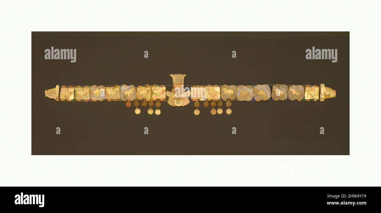 Art inspired by Necklace with the head of the Egyptian god Bes, Achaemenid, ca. 6th–4th century B.C., Iran, Achaemenid, Gold, L. 14 1/8 in. (85.9 cm), Metalwork-Ornaments, In the 5th century B.C. a homogeneous style of Persian court art and architecture was created that derived from, Classic works modernized by Artotop with a splash of modernity. Shapes, color and value, eye-catching visual impact on art. Emotions through freedom of artworks in a contemporary way. A timeless message pursuing a wildly creative new direction. Artists turning to the digital medium and creating the Artotop NFT Stock Photo