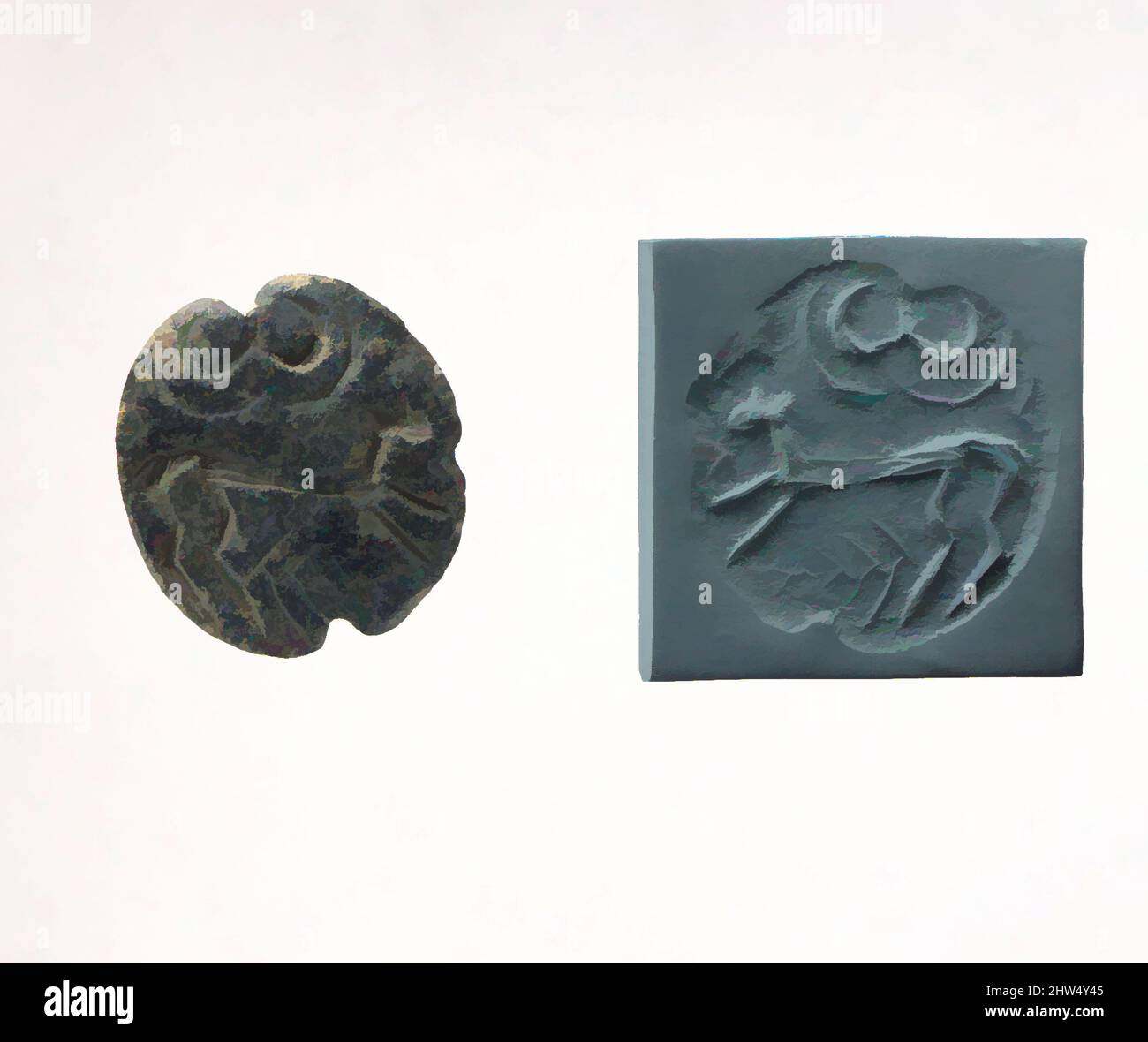 Art inspired by Stamp seal and modern impression: quadruped, Ubaid-Middle Gawra, ca. 4500–3500 B.C., Northern Syria or eastern Anatolia, Chlorite, black, Seal face: 3.16 x 2.96 cm, Stone-Stamp Seals, This seal depitcs a quadruped with an elongated body faceing left. Above the animal, Classic works modernized by Artotop with a splash of modernity. Shapes, color and value, eye-catching visual impact on art. Emotions through freedom of artworks in a contemporary way. A timeless message pursuing a wildly creative new direction. Artists turning to the digital medium and creating the Artotop NFT Stock Photo