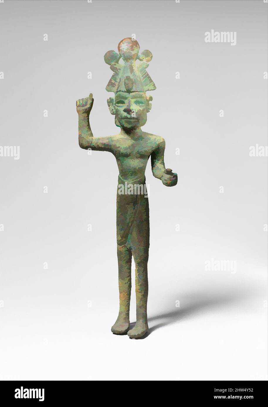 Art inspired by Smiting god, wearing an Egyptian atef crown, Late Bronze Age, ca. 15th–14th century B.C., Levant, Canaanite, Bronze, H. 21.1 cm, W. 7.5 cm, Metalwork-Sculpture, This figure strides with one arm raised and the other held out, each having wielded a weapon such as a spear, Classic works modernized by Artotop with a splash of modernity. Shapes, color and value, eye-catching visual impact on art. Emotions through freedom of artworks in a contemporary way. A timeless message pursuing a wildly creative new direction. Artists turning to the digital medium and creating the Artotop NFT Stock Photo