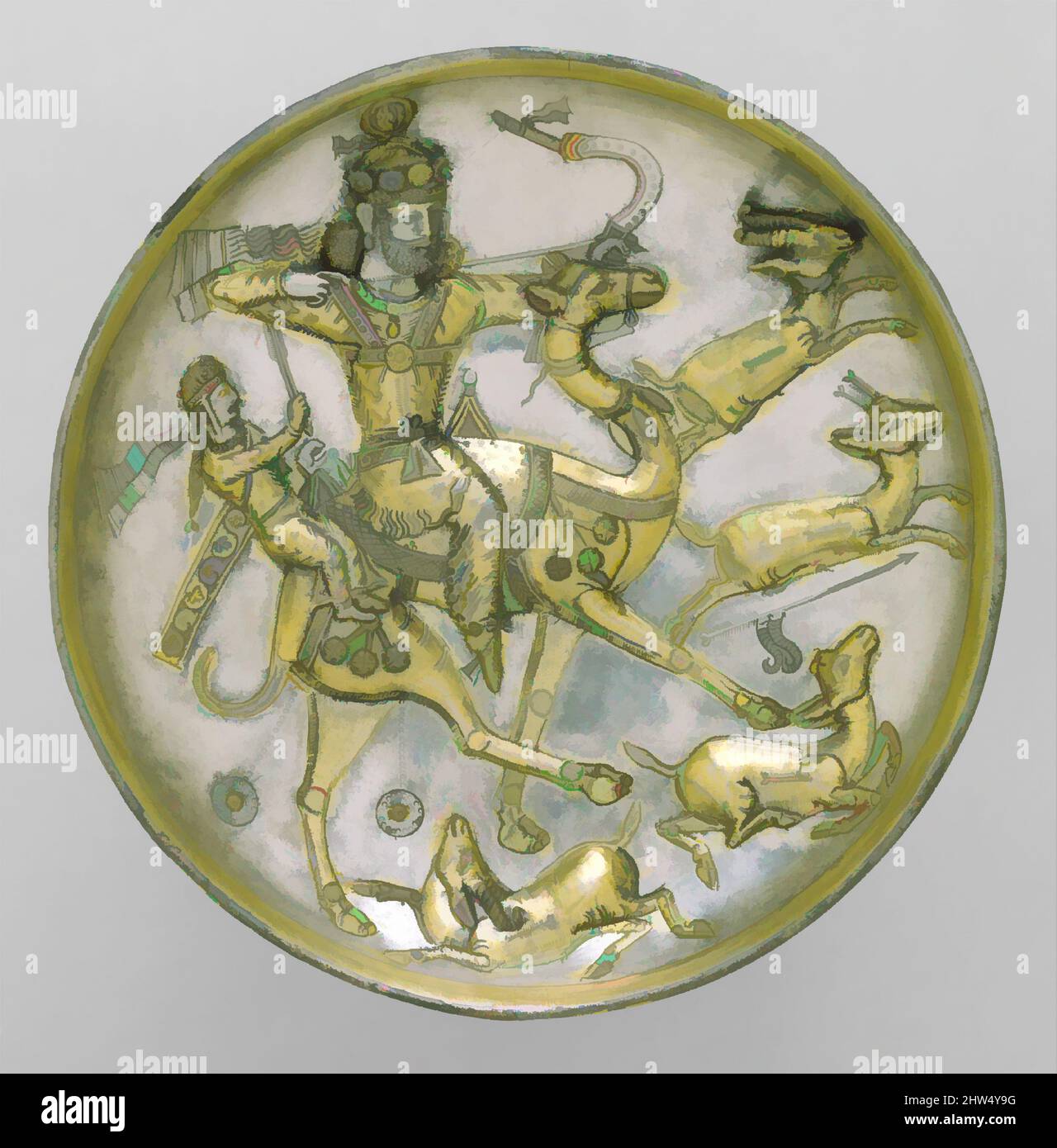 Art inspired by Plate with a hunting scene from the tale of Bahram Gur and Azadeh, Sasanian, ca. 5th century A.D., Iran, Sasanian, Silver, mercury gilding, Height 1.62 in. (4.11 cm), Diameter 7.9 in. (20.1 cm), Metalwork-Vessels-Inscribed, The imagery on this plate represents the, Classic works modernized by Artotop with a splash of modernity. Shapes, color and value, eye-catching visual impact on art. Emotions through freedom of artworks in a contemporary way. A timeless message pursuing a wildly creative new direction. Artists turning to the digital medium and creating the Artotop NFT Stock Photo