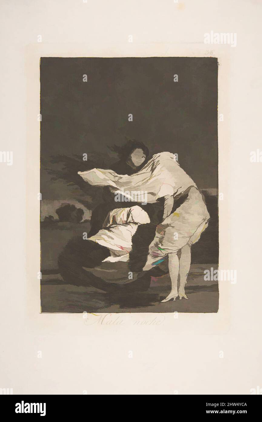 Art inspired by Plate 36 from 'Los Caprichos: A bad night (Mala noche.), ca. 1797–99, Etching and burnished aquatint, Plate: 8 7/16 x 5 7/8 in. (21.5 x 15 cm), Prints, Goya (Francisco de Goya y Lucientes) (Spanish, Fuendetodos 1746–1828 Bordeaux, Classic works modernized by Artotop with a splash of modernity. Shapes, color and value, eye-catching visual impact on art. Emotions through freedom of artworks in a contemporary way. A timeless message pursuing a wildly creative new direction. Artists turning to the digital medium and creating the Artotop NFT Stock Photo