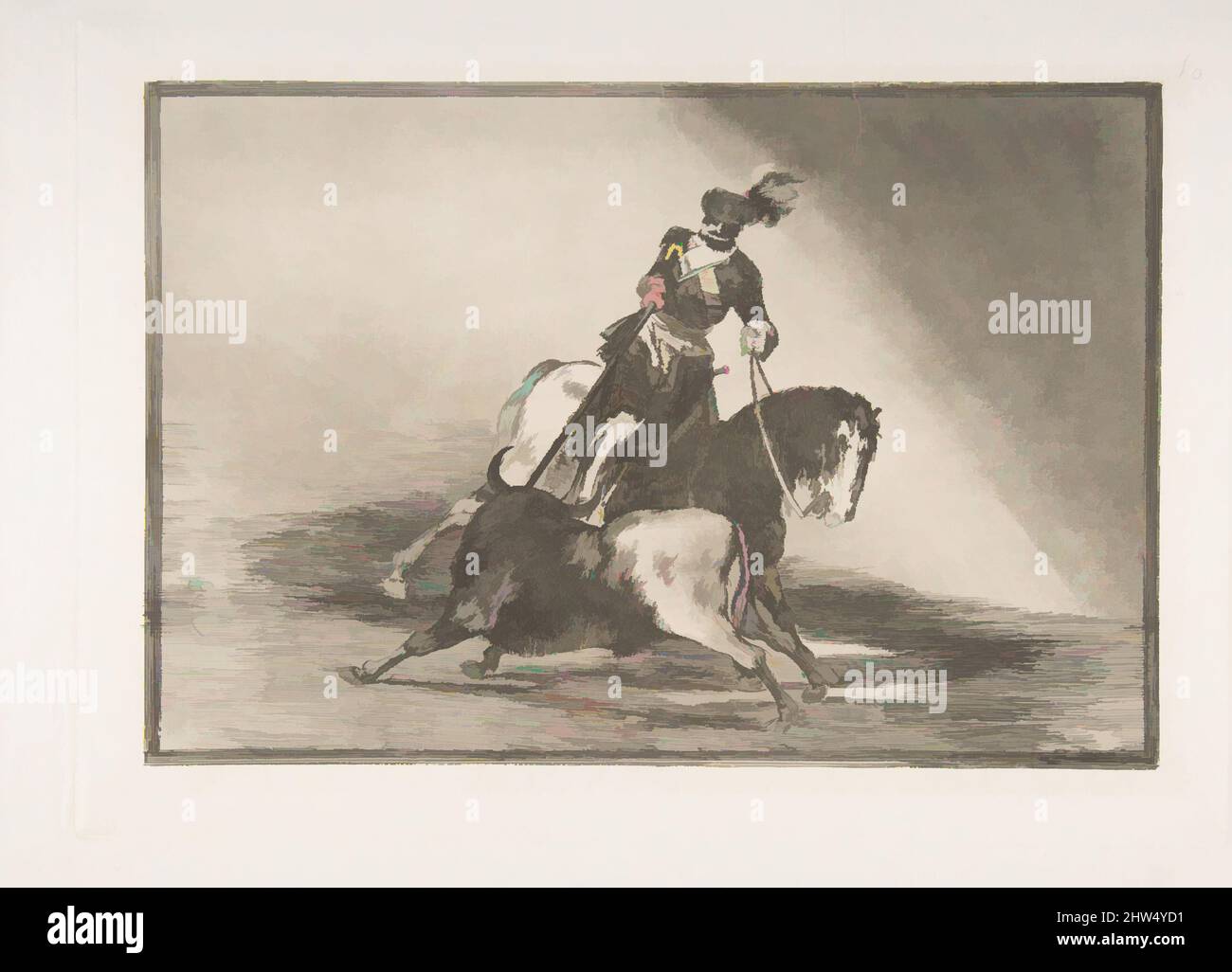 Art inspired by Plate 10 from 'La Tauromaquia': Charles V spearing a bull in the ring at Valladolid, 1816, Etching, burnished aquatint, drypoint and burin, Plate: 9 13/16 × 13 3/4 in. (25 × 35 cm), Prints, Goya (Francisco de Goya y Lucientes) (Spanish, Fuendetodos 1746–1828 Bordeaux, Classic works modernized by Artotop with a splash of modernity. Shapes, color and value, eye-catching visual impact on art. Emotions through freedom of artworks in a contemporary way. A timeless message pursuing a wildly creative new direction. Artists turning to the digital medium and creating the Artotop NFT Stock Photo