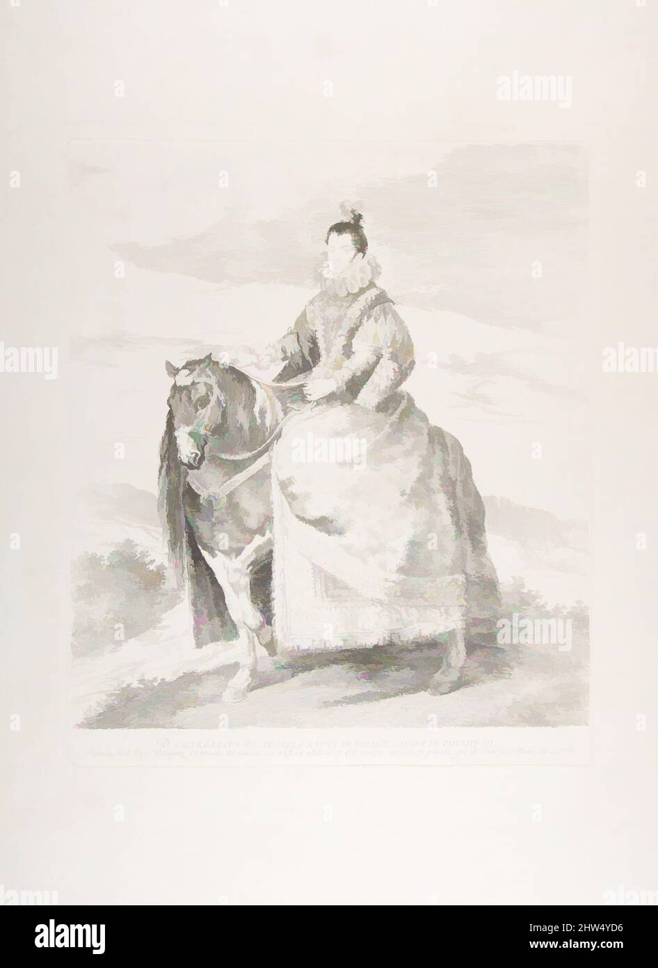 Art inspired by Margaret of Austria on horseback, after Velázquez, 1778, Etching and drypoint, Plate: 14 5/8 × 12 1/4 in. (37.2 × 31.1 cm), Prints, Goya (Francisco de Goya y Lucientes) (Spanish, Fuendetodos 1746–1828 Bordeaux), After Velázquez (Diego Rodríguez de Silva y Velázquez) (, Classic works modernized by Artotop with a splash of modernity. Shapes, color and value, eye-catching visual impact on art. Emotions through freedom of artworks in a contemporary way. A timeless message pursuing a wildly creative new direction. Artists turning to the digital medium and creating the Artotop NFT Stock Photo