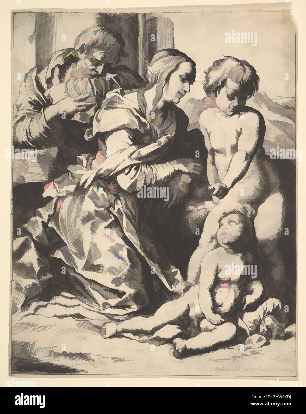 Art inspired by Virgin kneeling before Christ, 1610–42, Etching, Sheet: 8 15/16 x 7 1/8 in. (22.7 x 18.1cm), Prints, Pierre Brebiette (French, Mantes-sur-Seine ca. 1598–1642 Paris), Designed by Andrea del Sarto (Andrea d'Agnolo) (Italian, Florence 1486–1530 Florence, Classic works modernized by Artotop with a splash of modernity. Shapes, color and value, eye-catching visual impact on art. Emotions through freedom of artworks in a contemporary way. A timeless message pursuing a wildly creative new direction. Artists turning to the digital medium and creating the Artotop NFT Stock Photo