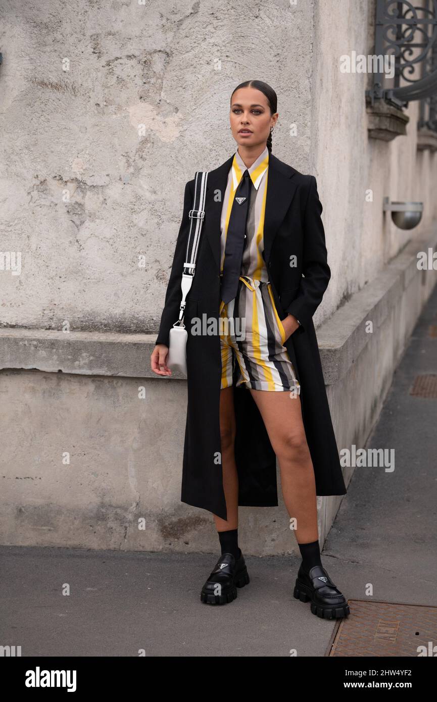 Sarah Lysander outside Prada fashion show during the Milan Fashion Week