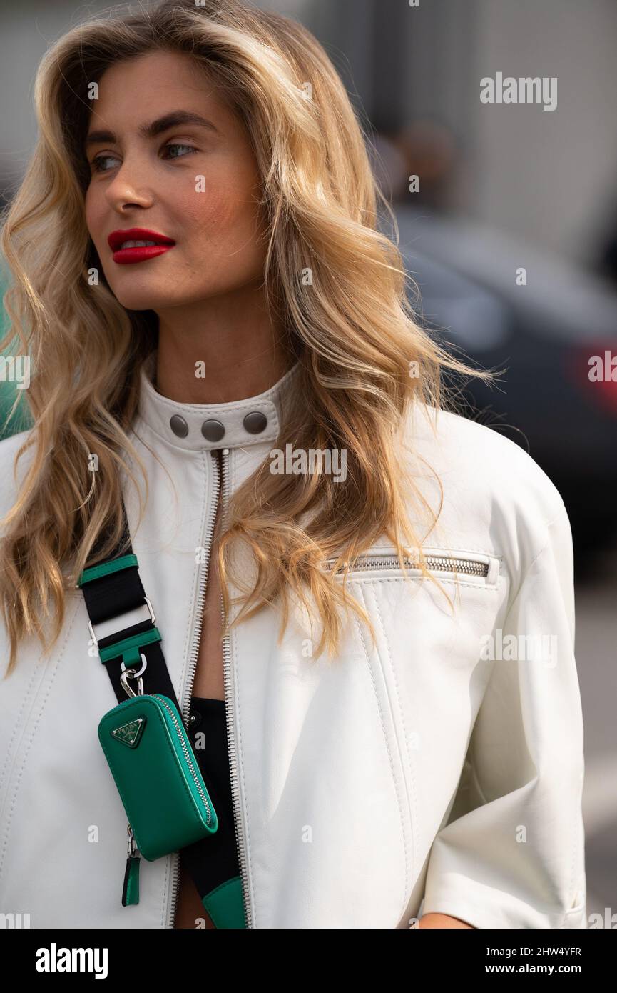 Xenia Adonts outside Prada fashion show during the Milan Fashion Week