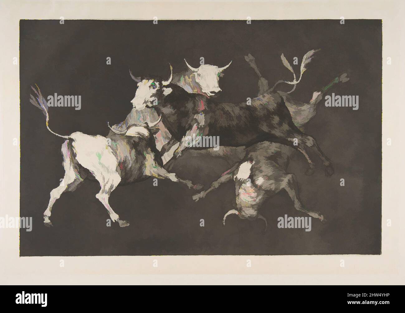 Art inspired by Plate D from the 'Disparates': Fools-'or Little Bulls' - folly, ca. 1816–23 (published before 1877), Etching, aquatint and drypoint, Plate: 9 5/8 × 13 3/4 in. (24.5 × 35 cm), Prints, Goya (Francisco de Goya y Lucientes) (Spanish, Fuendetodos 1746–1828 Bordeaux), One of, Classic works modernized by Artotop with a splash of modernity. Shapes, color and value, eye-catching visual impact on art. Emotions through freedom of artworks in a contemporary way. A timeless message pursuing a wildly creative new direction. Artists turning to the digital medium and creating the Artotop NFT Stock Photo