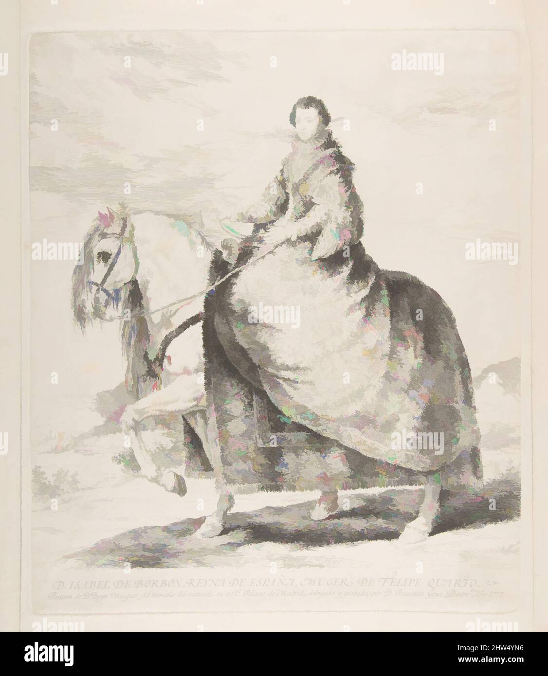 Art inspired by Isabel de Bourbon on horseback, after Velázquez, 1778, Etching and drypoint, Plate: 14 9/16 × 12 1/4 in. (37 × 31.1 cm), Prints, Goya (Francisco de Goya y Lucientes) (Spanish, Fuendetodos 1746–1828 Bordeaux), After Velázquez (Diego Rodríguez de Silva y Velázquez) (, Classic works modernized by Artotop with a splash of modernity. Shapes, color and value, eye-catching visual impact on art. Emotions through freedom of artworks in a contemporary way. A timeless message pursuing a wildly creative new direction. Artists turning to the digital medium and creating the Artotop NFT Stock Photo