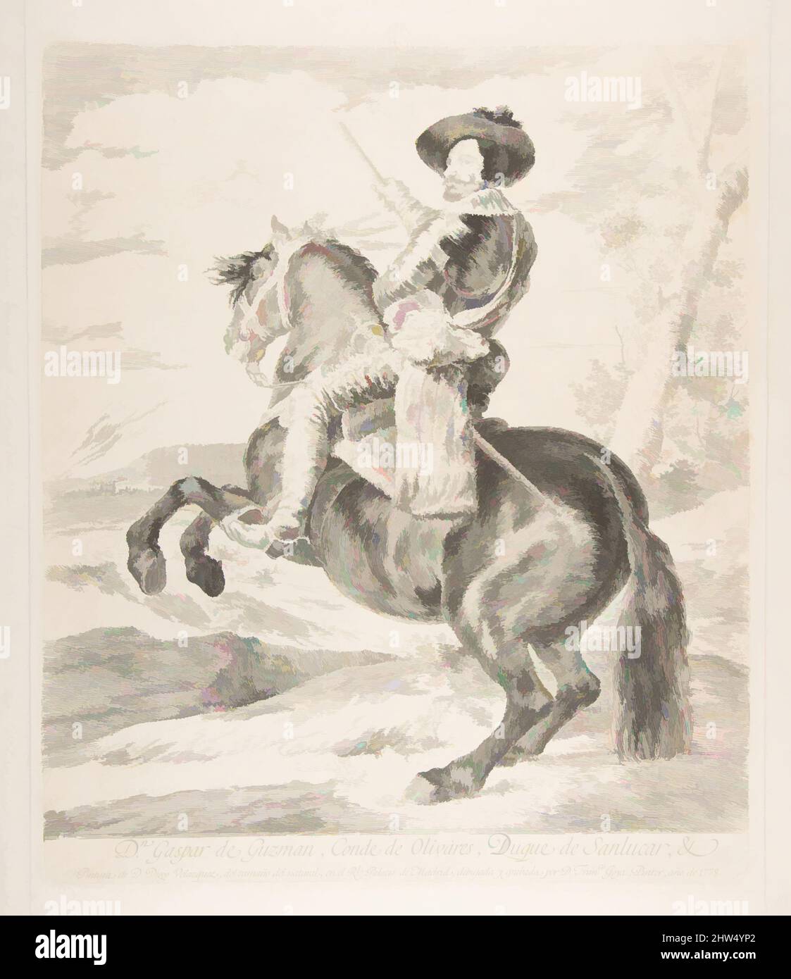 Art inspired by Gaspar de Guzman, Count of Olivares on horseback, after Velázquez, 1778, Etching and drypoint, Plate: 14 5/8 × 12 3/8 in. (37.2 × 31.4 cm), Prints, Goya (Francisco de Goya y Lucientes) (Spanish, Fuendetodos 1746–1828 Bordeaux), After Velázquez (Diego Rodríguez de Silva, Classic works modernized by Artotop with a splash of modernity. Shapes, color and value, eye-catching visual impact on art. Emotions through freedom of artworks in a contemporary way. A timeless message pursuing a wildly creative new direction. Artists turning to the digital medium and creating the Artotop NFT Stock Photo
