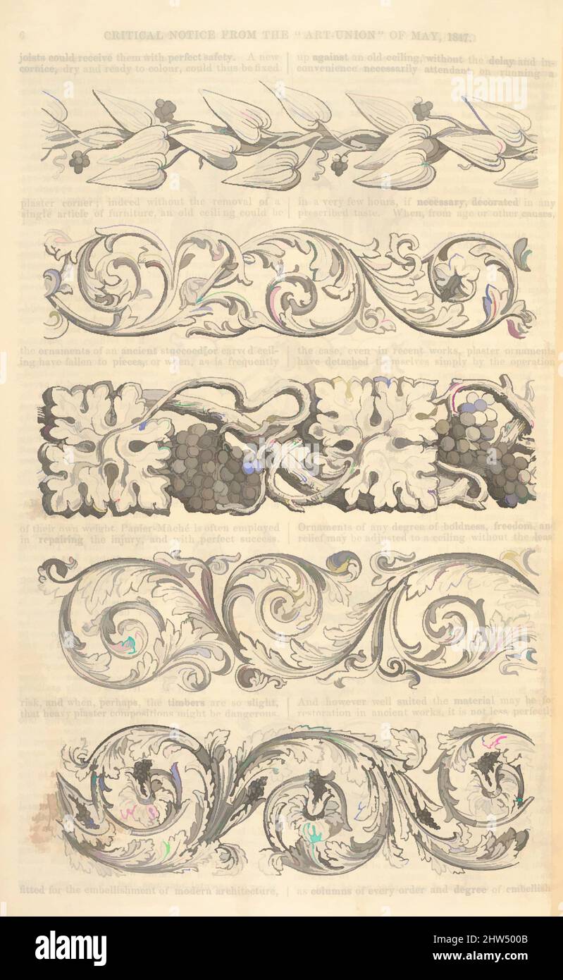 Art inspired by Illustrated Tariff of the Improved Papier-Mâché Picture Frames, also, Enriched Mouldings, made by machinery in twelve feet lengths, without join, about 1847, Illustrations: wood engraving, lithography, 9 3/16 x 5 5/8 x 1/4 in. (23.3 x 14.3 x 0.6 cm, Classic works modernized by Artotop with a splash of modernity. Shapes, color and value, eye-catching visual impact on art. Emotions through freedom of artworks in a contemporary way. A timeless message pursuing a wildly creative new direction. Artists turning to the digital medium and creating the Artotop NFT Stock Photo