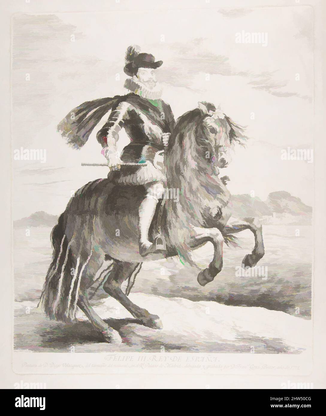 Art inspired by Philip III, King of Spain on horseback, after Velázquez, 1778, Etching and drypoint, Sheet: 16 1/4 × 13 7/16 in. (41.2 × 34.1 cm), Prints, Goya (Francisco de Goya y Lucientes) (Spanish, Fuendetodos 1746–1828 Bordeaux), After Velázquez (Diego Rodríguez de Silva y, Classic works modernized by Artotop with a splash of modernity. Shapes, color and value, eye-catching visual impact on art. Emotions through freedom of artworks in a contemporary way. A timeless message pursuing a wildly creative new direction. Artists turning to the digital medium and creating the Artotop NFT Stock Photo